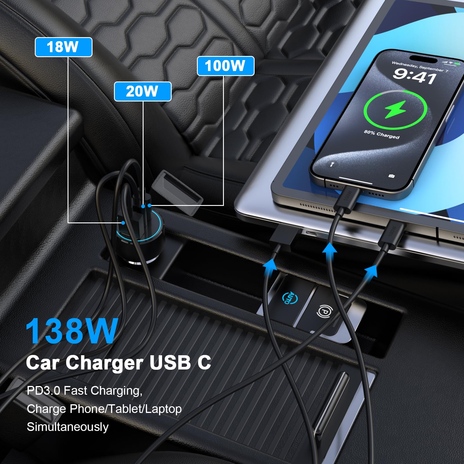 138W Fast USB C Car Charger for iPhone 15 Pro Max - 3-Port Compact Car Adapter with 2x 100W USB C Cables - Compatible with iPhone 15 Series, MacBook Pro, iPad Pro, Galaxy S23 - Perfect for Road Trips & Multi-Device Charging