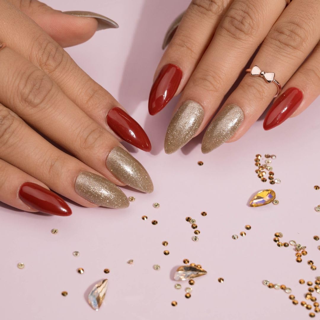 Premium Fake Press-On Nails Set - 20pcs Red & Gold Reusable Full Cover Stick-On Nails with UV Gel Polish - Easy to Apply, Affordable & Time-Saving Artificial Nail Extensions for Parties, Weddings, Date Nights & Special Occasions