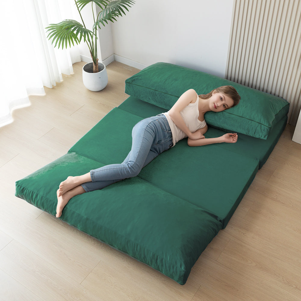 MAXYOYO Velvet Bean Bag Folding Sofa Bed - Washable Cover for Adults, Green | Portable Floor Lounger for Living Room, Bedroom & Dorm
