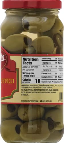 Mezzetta Stuffed Olives with Jalapeno - 10oz Jar | Premium Spanish Olives for Charcuterie Boards, Cocktails & Mediterranean Recipes