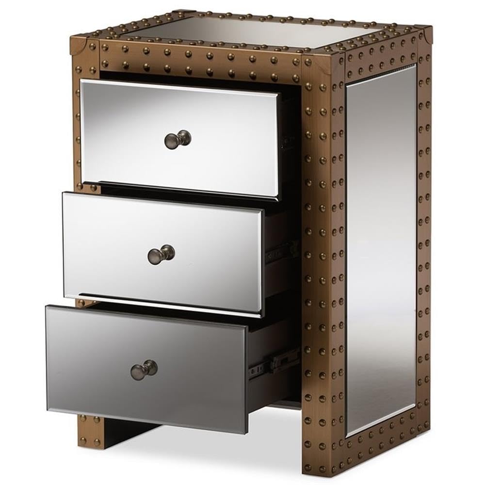 BOWERY HILL 3 Drawer Mirrored Nightstand - Silver & Natural Finish - Modern Bedside Table for Bedroom Decor & Storage