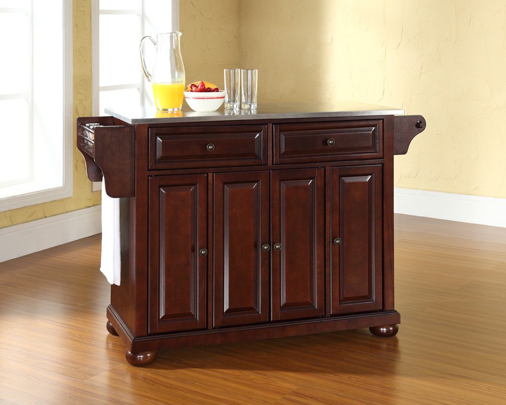 Crosley Alexandria Stainless Steel Top Rolling Kitchen Island Cart with Spice Rack - Mahogany Finish for Small Kitchen Storage & Organization | Perfect for Apartments, Dorms & Compact Spaces