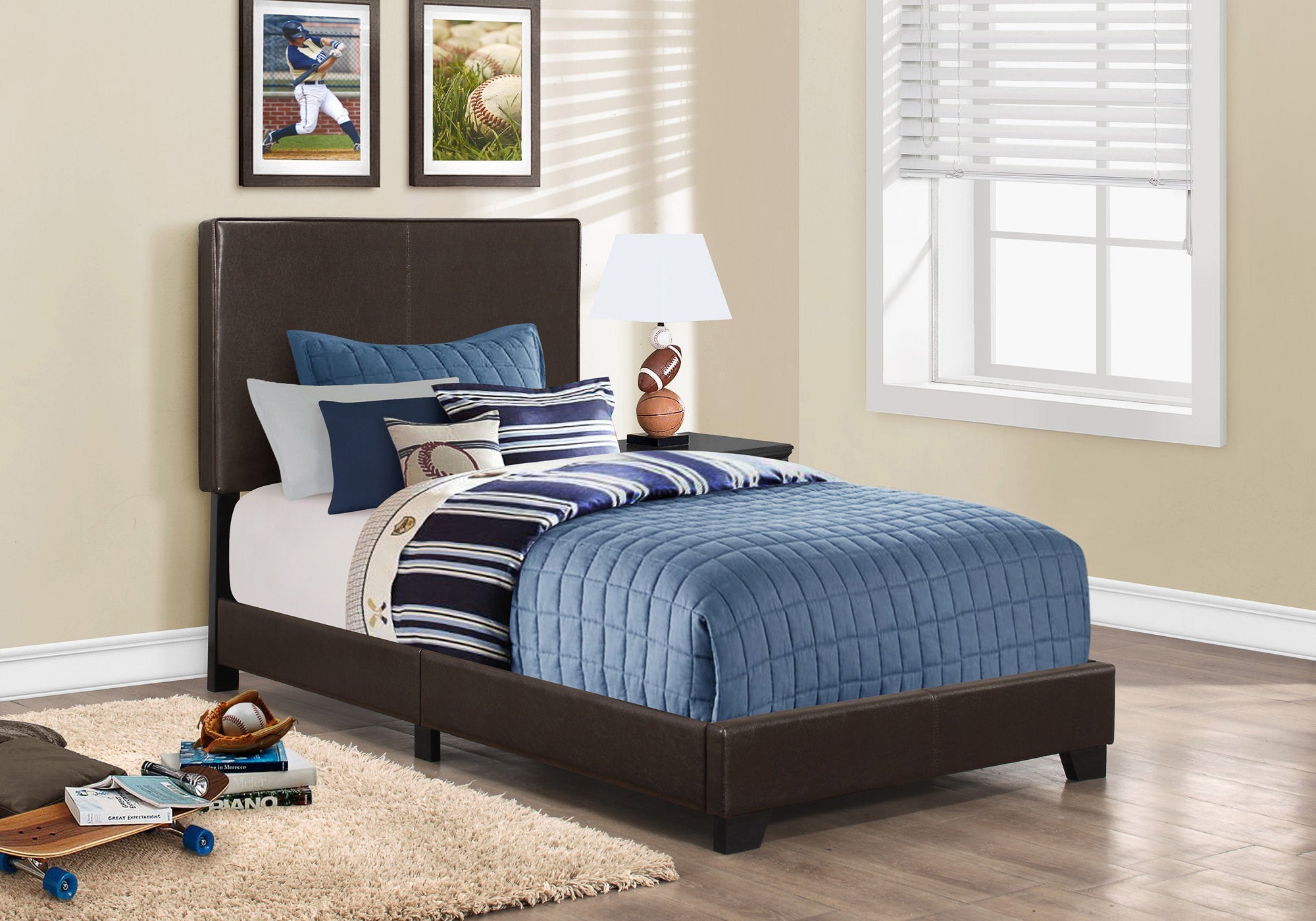 Twin Size Bed Frame - Dark Brown Faux Leather Upholstered - Perfect for Small Bedrooms, Dorms & Guest Rooms