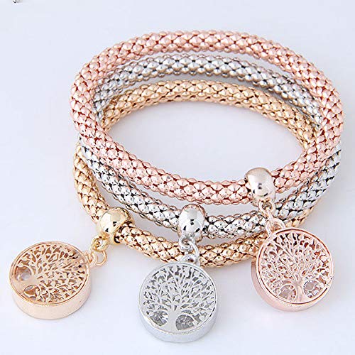 3PCS Gold Silver Rose Gold Corn Chain Bracelet Set - Tree of Life Heart Shaped Stretch Bracelet with Crystal Charms, Multi Layer Boho Bracelets for Women | Perfect for Parties, Gifts & Everyday Wear