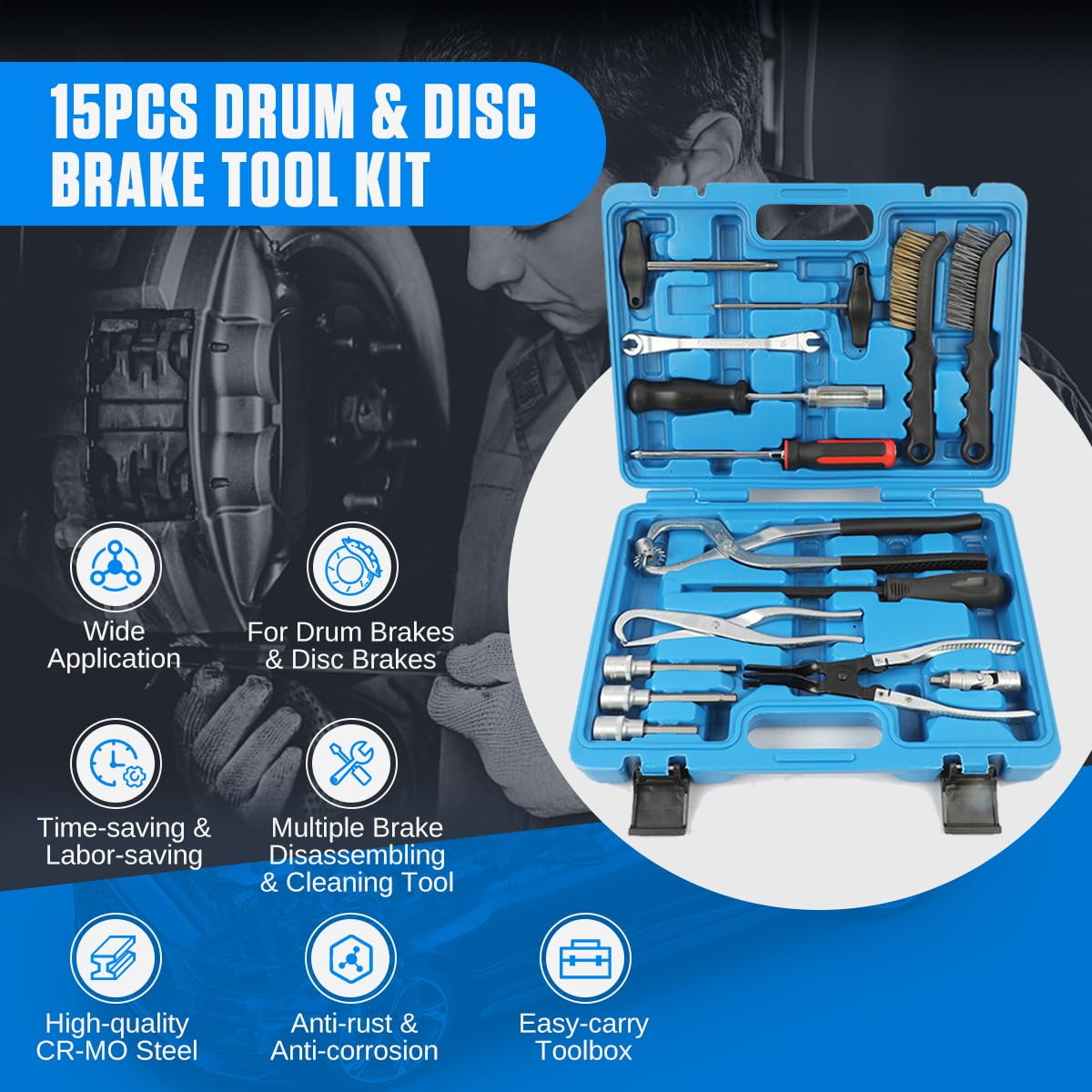 15-Piece Drum & Disc Brake Tool Kit - Labor-Saving Brake Spring Tool, Anti-Rust Brake Installer Remover & Adjusting Tool with Spring Pliers, Compressor & Puller - Perfect for DIY Car Repairs & Professional Auto Maintenance