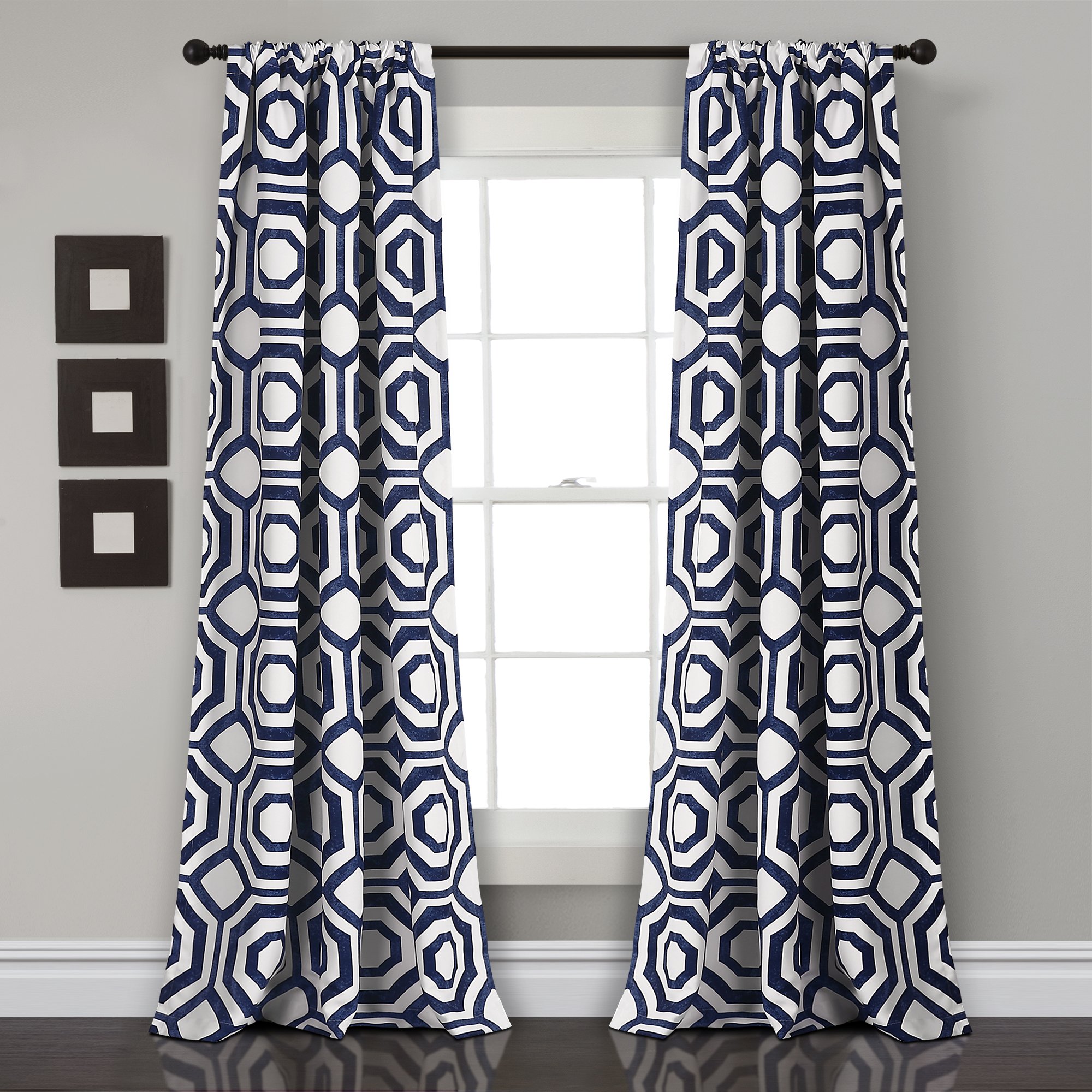 Navy Octagon Blocks Blackout Curtains - 84 x 52 Inch Room Darkening Window Panels (Set of 2) by Lush Decor | Perfect for Bedrooms, Living Rooms & Home Theater Light Control