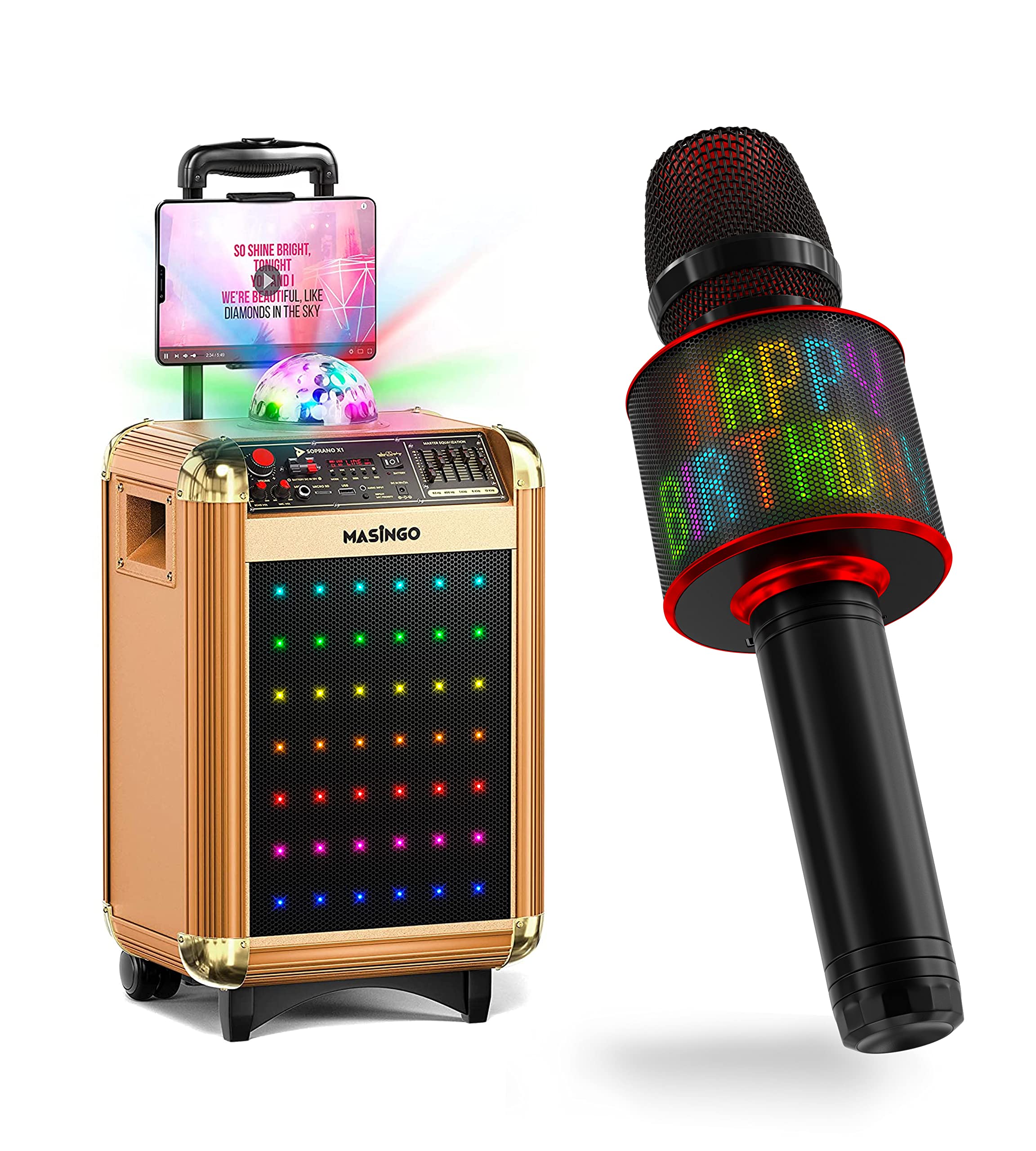 Masingo Soprano X1 Karaoke Machine Bundle with Spirito H11 Wireless Mic - Bluetooth/USB/AUX/FM, 2 Wireless Microphones, Customizable LED Lights Display - Perfect for Home Parties, Family Gatherings & Professional Singing Practice (Gold)