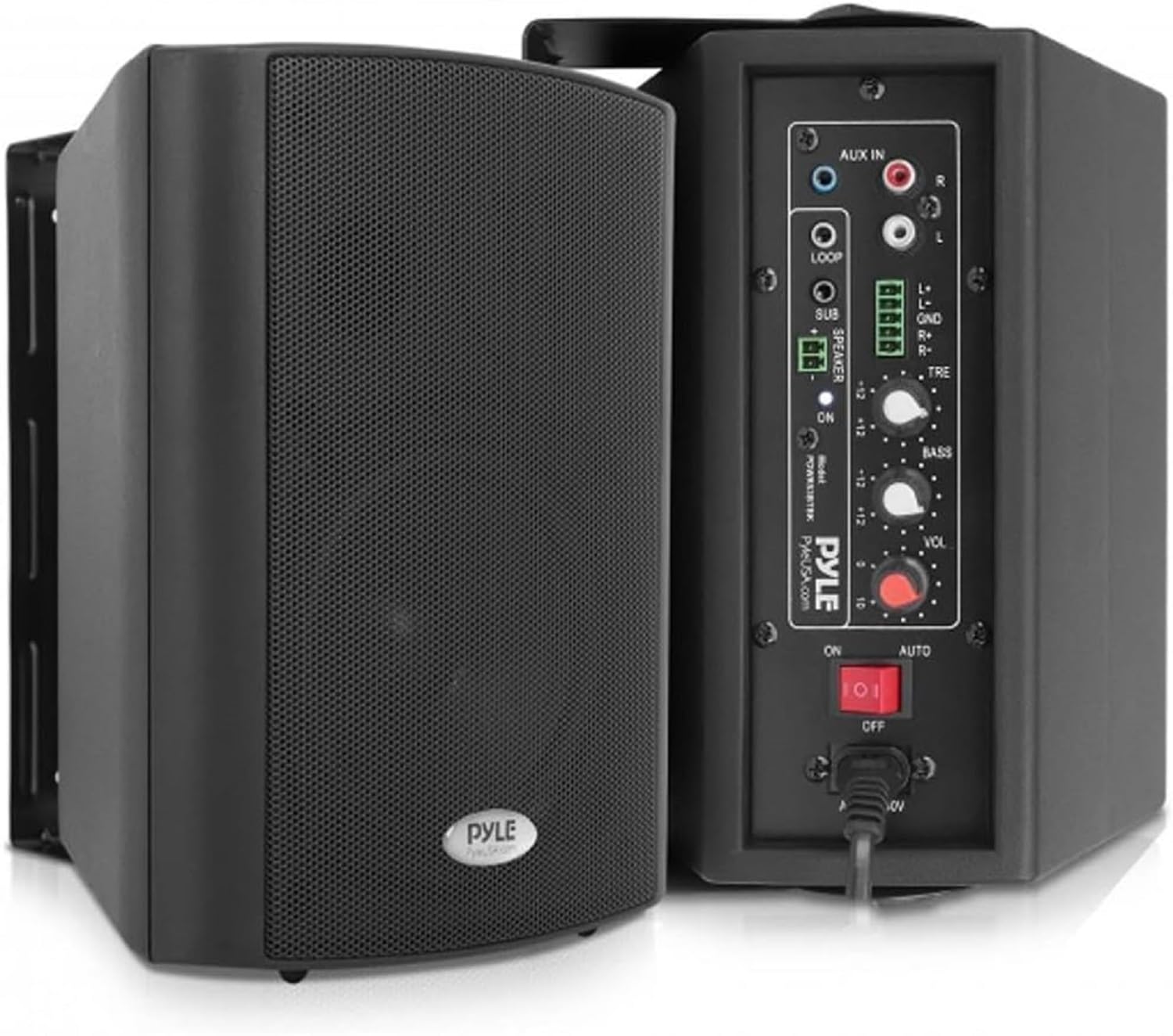 Pyle PDWR53BTBK Wall Mount Home Speaker System - Active Passive Bookshelf Indoor Studio Garage Patio Stereo Sound Speaker with Wireless Bluetooth, Aux & RCA (Black) - Perfect for Home Theater, Music Listening & Outdoor Entertainment