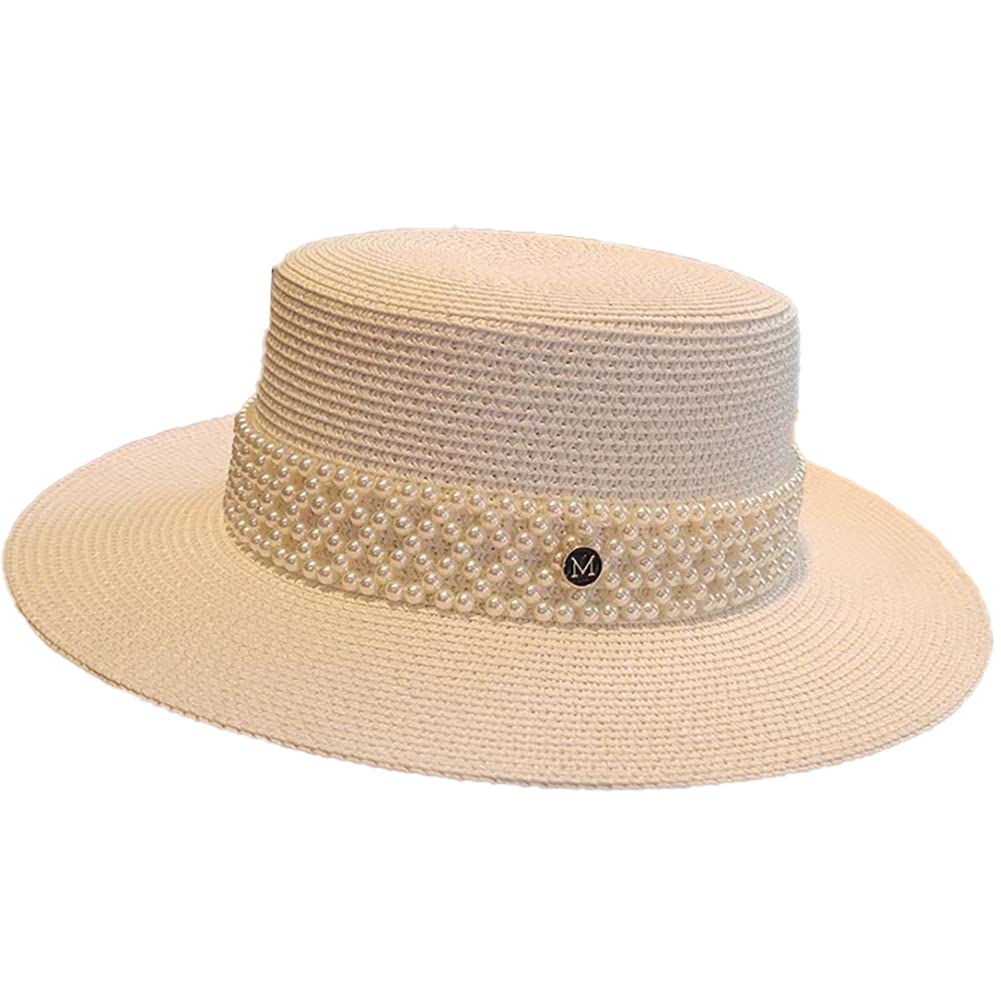 British Style Pearl Straw Boater Hat for Men & Women - Wide Brim Panama Sun Hat for Summer Beach, Outdoor Parties & Garden Events