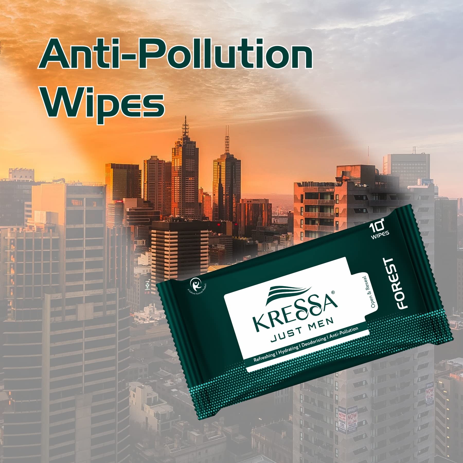 Kressa Men's Face Wipes - Refreshing Anti-Pollution Facial Cleansing Wipes for Men (Forest Scent, Pack of 20) | Perfect for Gym, Travel & On-the-Go Skincare