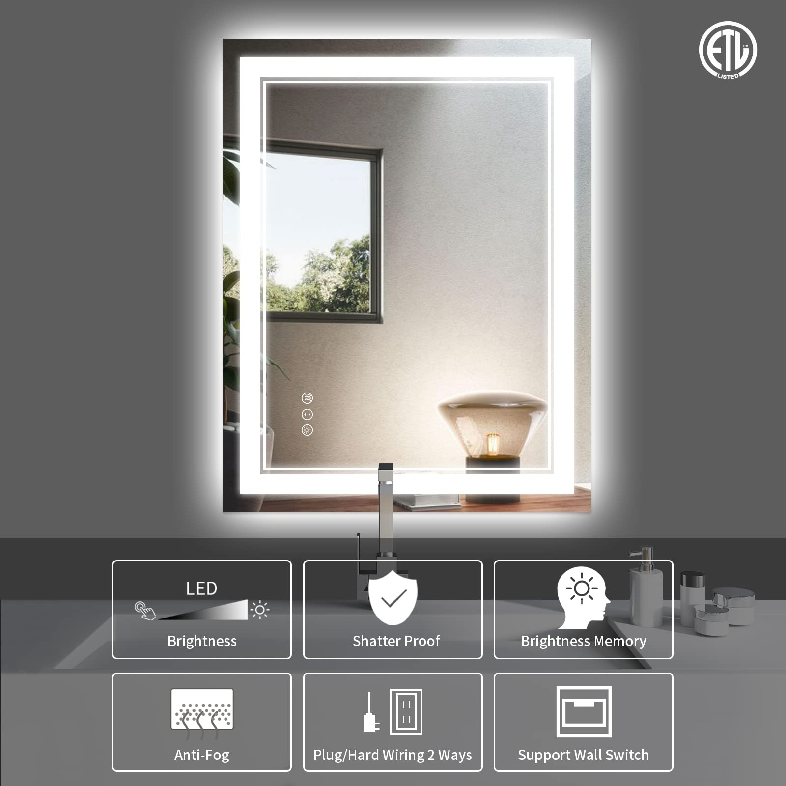 24x36 Inch LED Bathroom Mirror with Lights - Anti Fog, Dimmable Backlit & Front Lighted Vanity Mirror for Makeup, Shaving & Home Decor