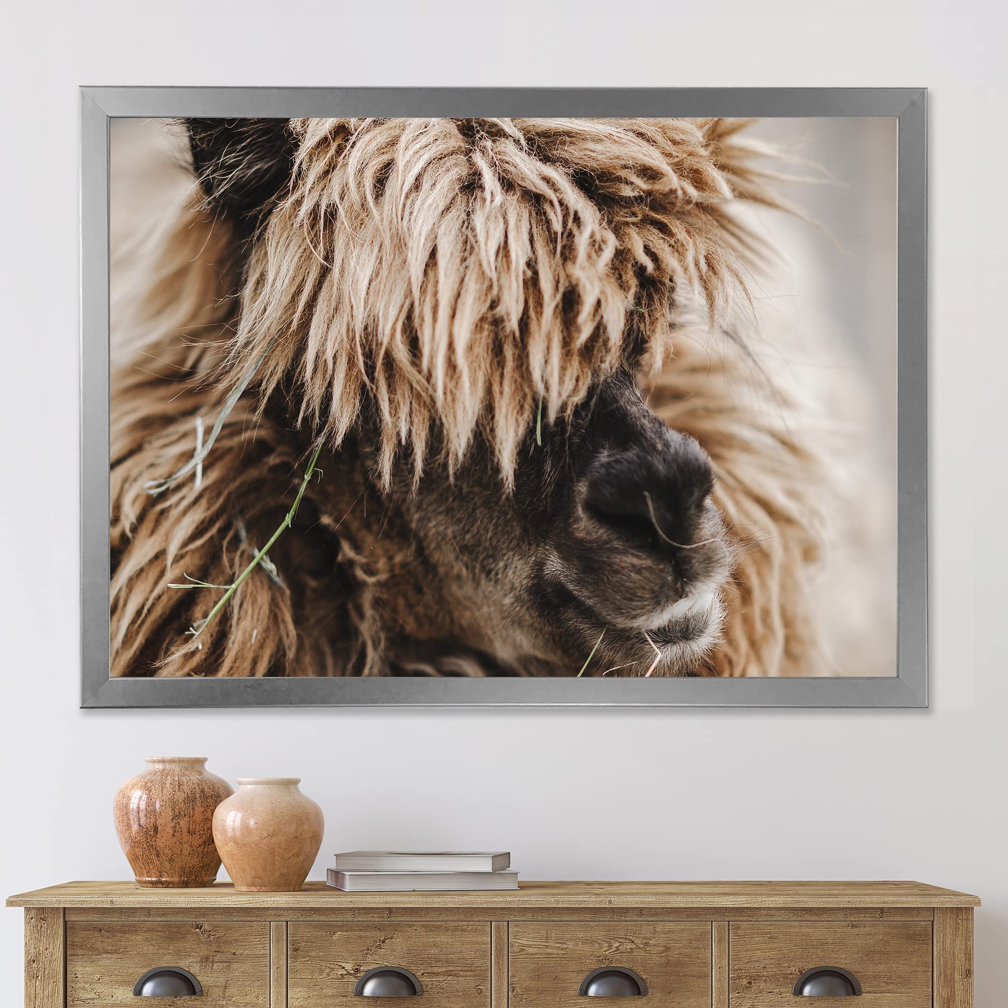 Fluffy Curly Alpaca Portrait - Farmhouse Style Framed Wall Art Decor for Living Room, Bedroom & Nursery