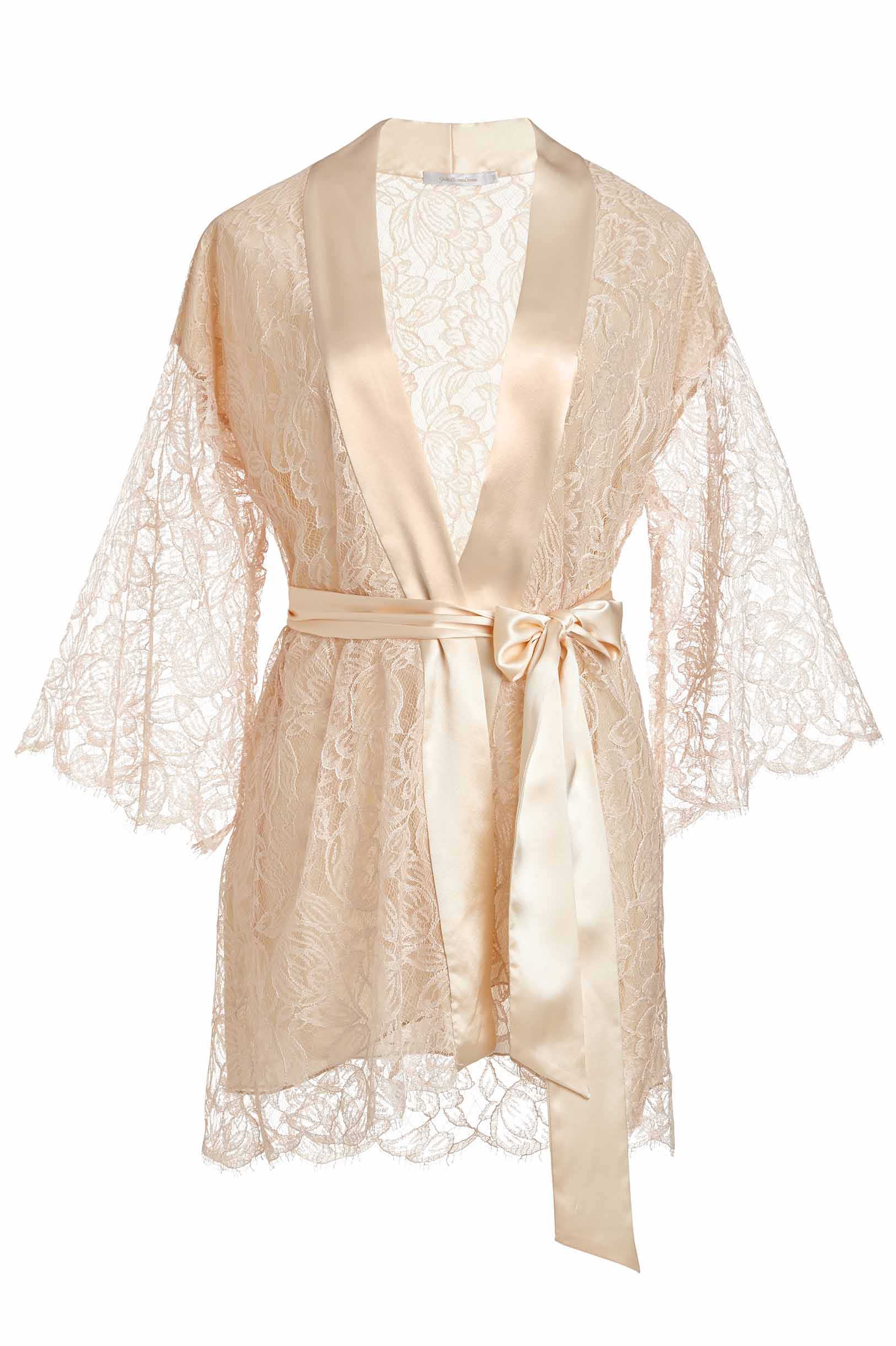 Blush Pink Tulip French Lace & Silk Kimono Robe - Elegant Loungewear for Bridal Shower, Honeymoon & Spa Days