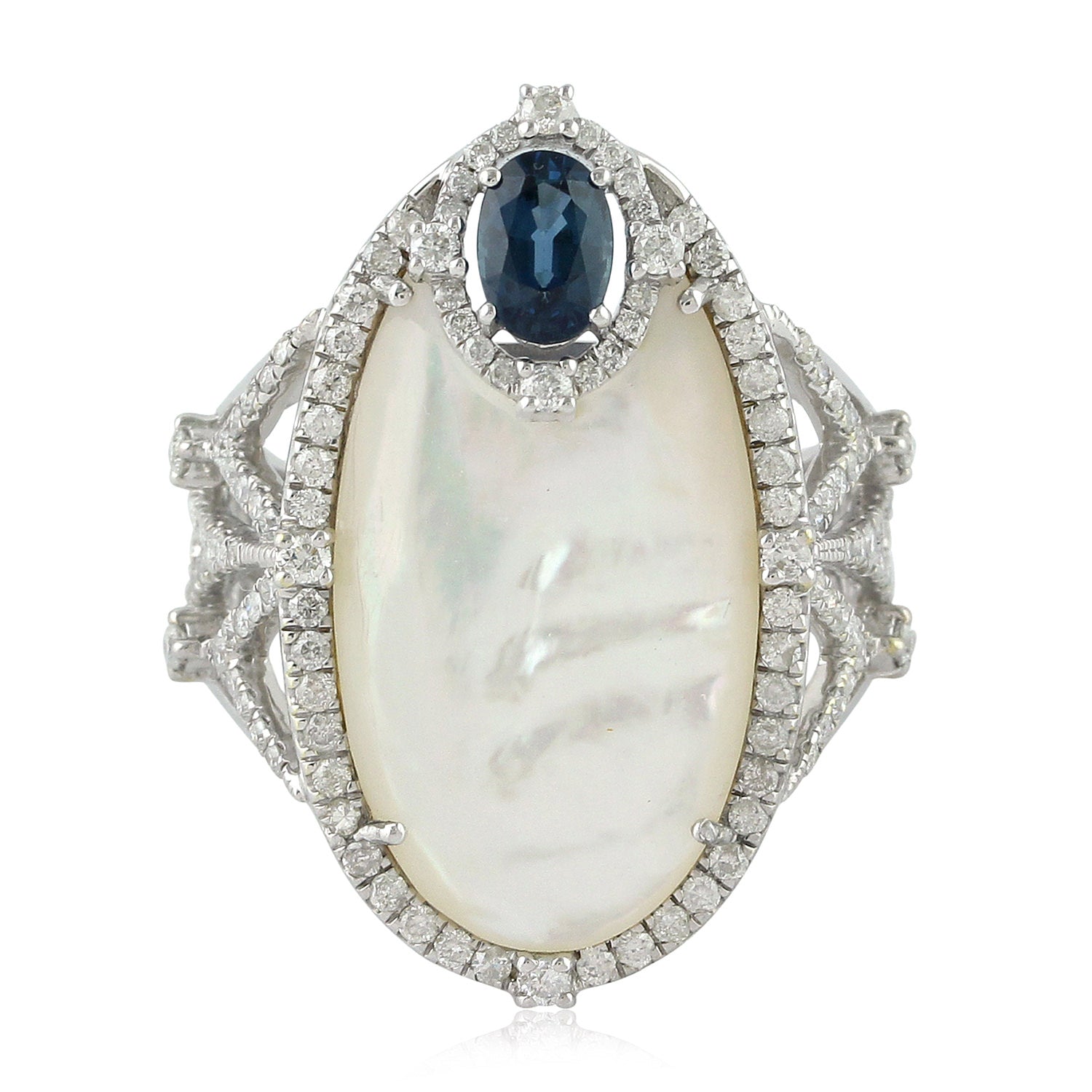 18K White Gold Prong Set Mother of Pearl & Oval Blue Sapphire June Birthstone Cocktail Ring for Women - Perfect for Weddings, Anniversaries & Evening Parties