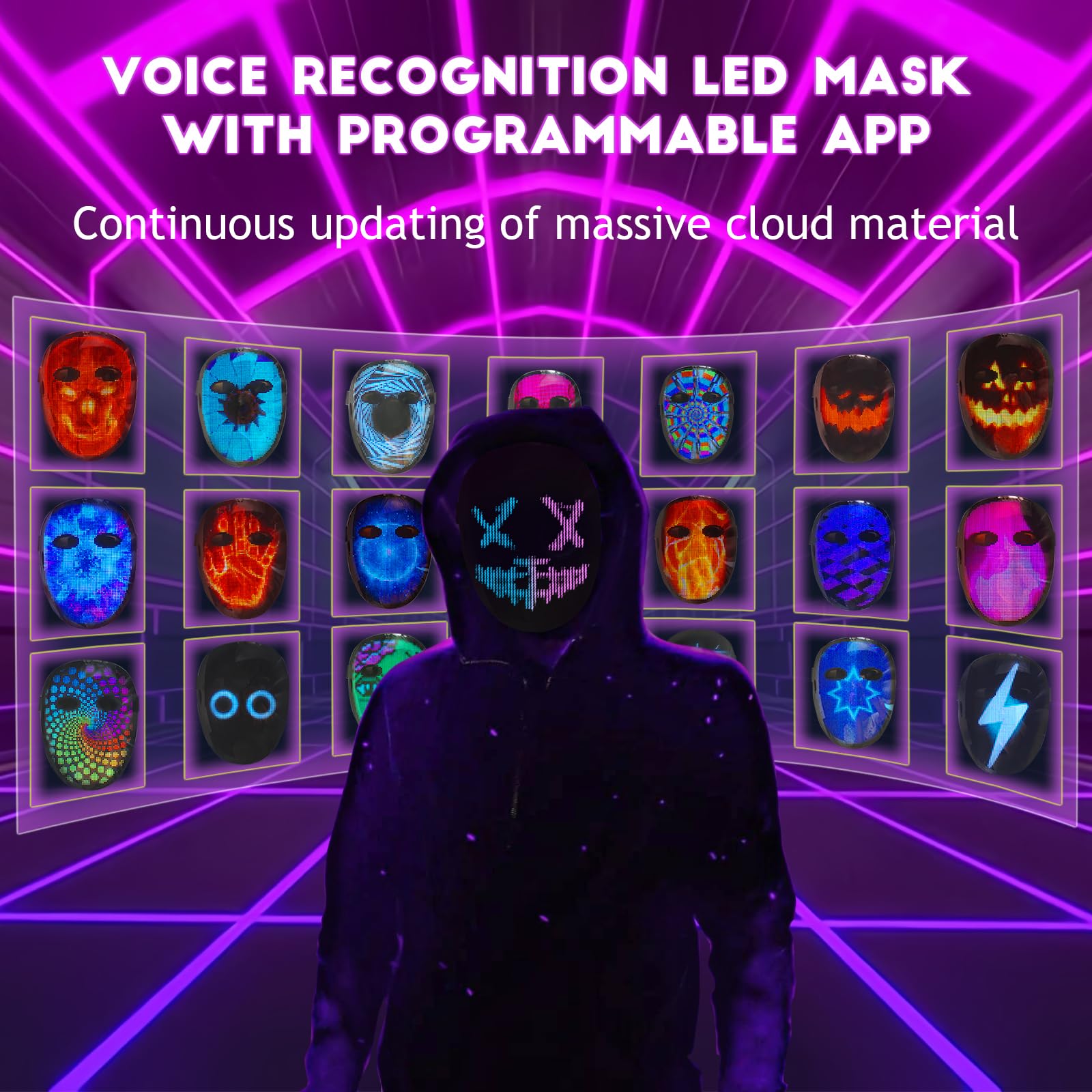 Depointer Life LED Face Mask with Voice Recognition & Gesture Control - Programmable App, Multi-Pattern Light Display for Cosplay, Rave Parties & Festivals