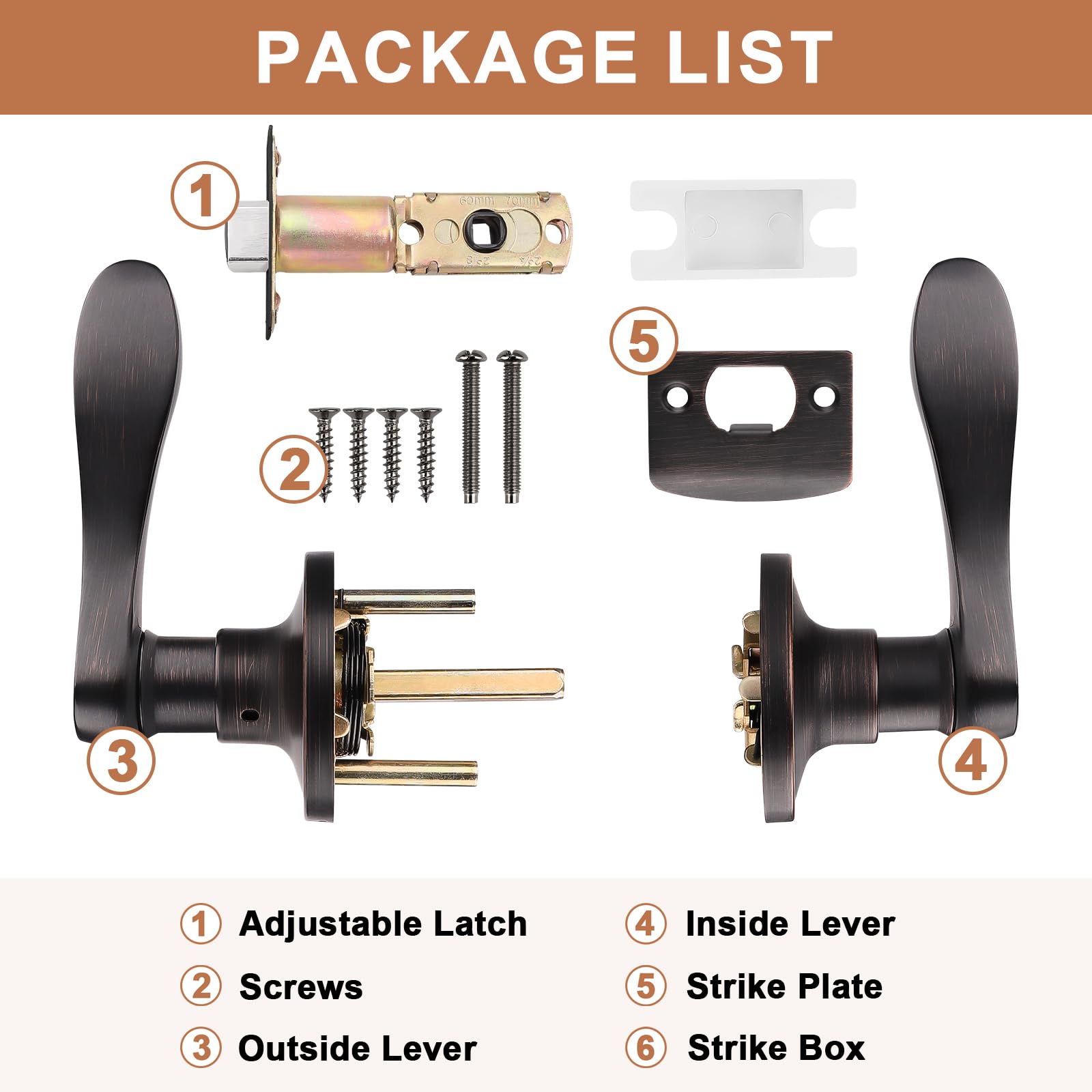 5 Pack Non-Locking Passage Door Lever Set - Oil Rubbed Bronze Wave Design for Hallways & Closets - Reversible Right/Left Handed Keyless Entry - Perfect for Bedrooms, Bathrooms & Interior Doors