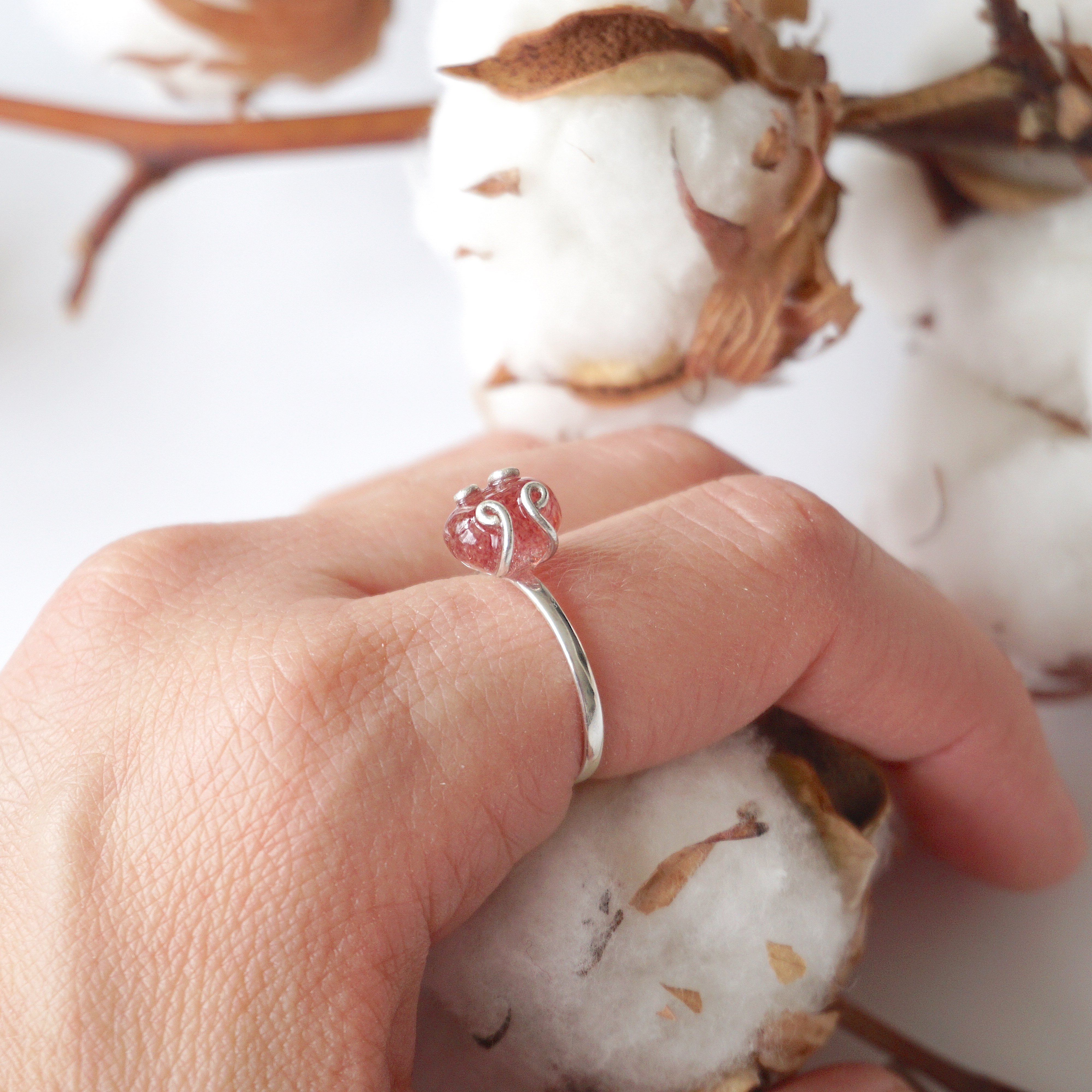 Strawberry Quartz Adjustable Ring Sterling Silver 925 - Elegant Adjustable Size Jewelry for Women, Gift for Her, Wedding, Party & Everyday Wear