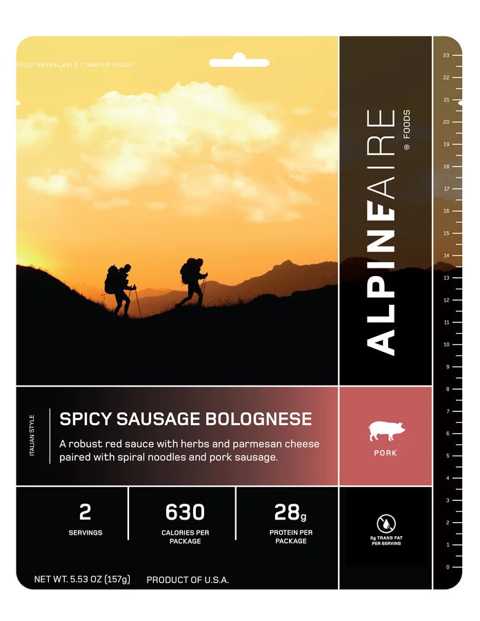 AlpineAire Spicy Sausage Bolognese Pasta Sauce - Gluten Free, High Protein Backpacking & Camping Meal - Perfect for Hiking, Emergency Food Supply & Outdoor Adventures
