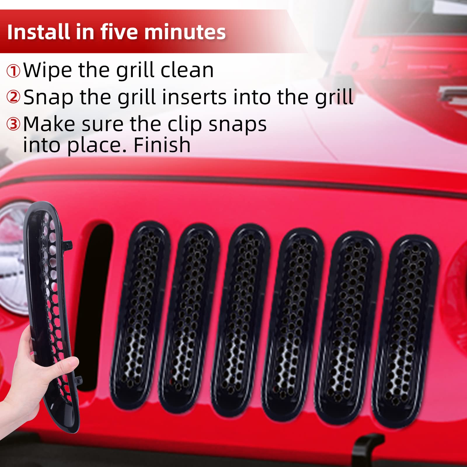AggAuto Glossy Black 7-Piece Grille Inserts for Jeep Wrangler JK & JKU (2007-2018) - Front Mesh Grill Cover Accessories for Off-Road Protection & Style Enhancement