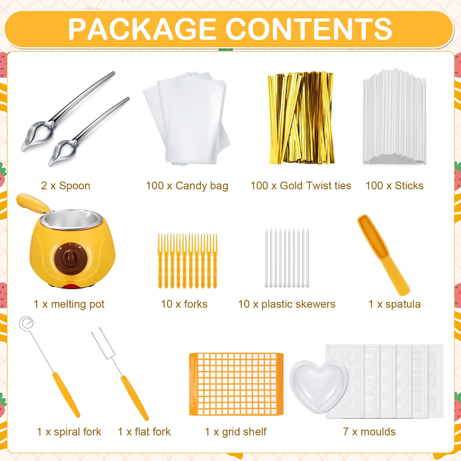 Electric Chocolate Melting Pot with DIY Molds & Accessories - Mini Fondue Fountain Kit for Candy, Cheese & Milk - Perfect for Home Parties, Valentine's Gifts & DIY Desserts (Yellow)