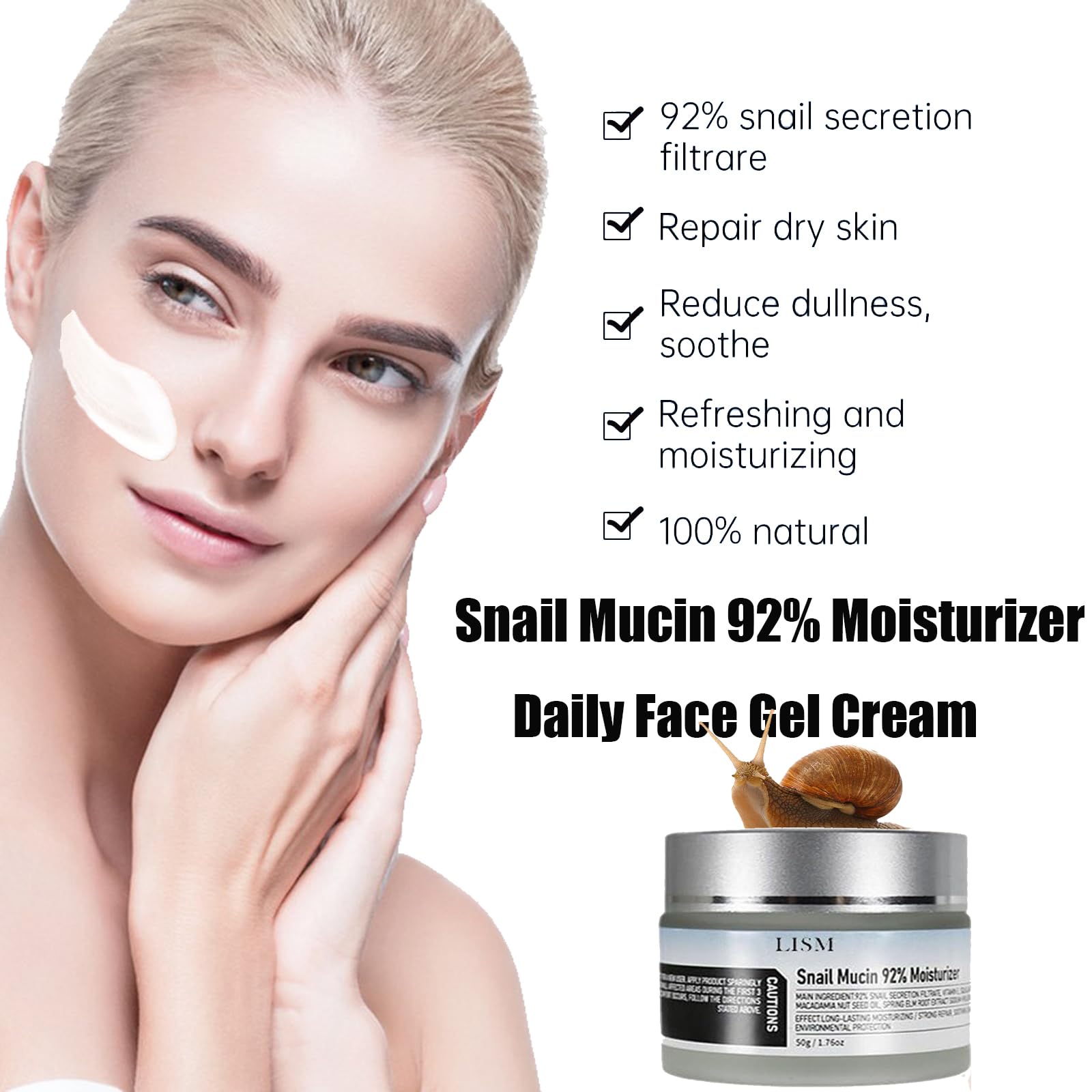 Lism 92% Snail Mucin Moisturizing Face Gel Cream - Original Snail Mucin Repair Cream with Vitamin C for Dry & Sensitive Skin - Hydrating Daily Facial Care (3PCS) - Perfect for Night Routine & Post-Sun Care