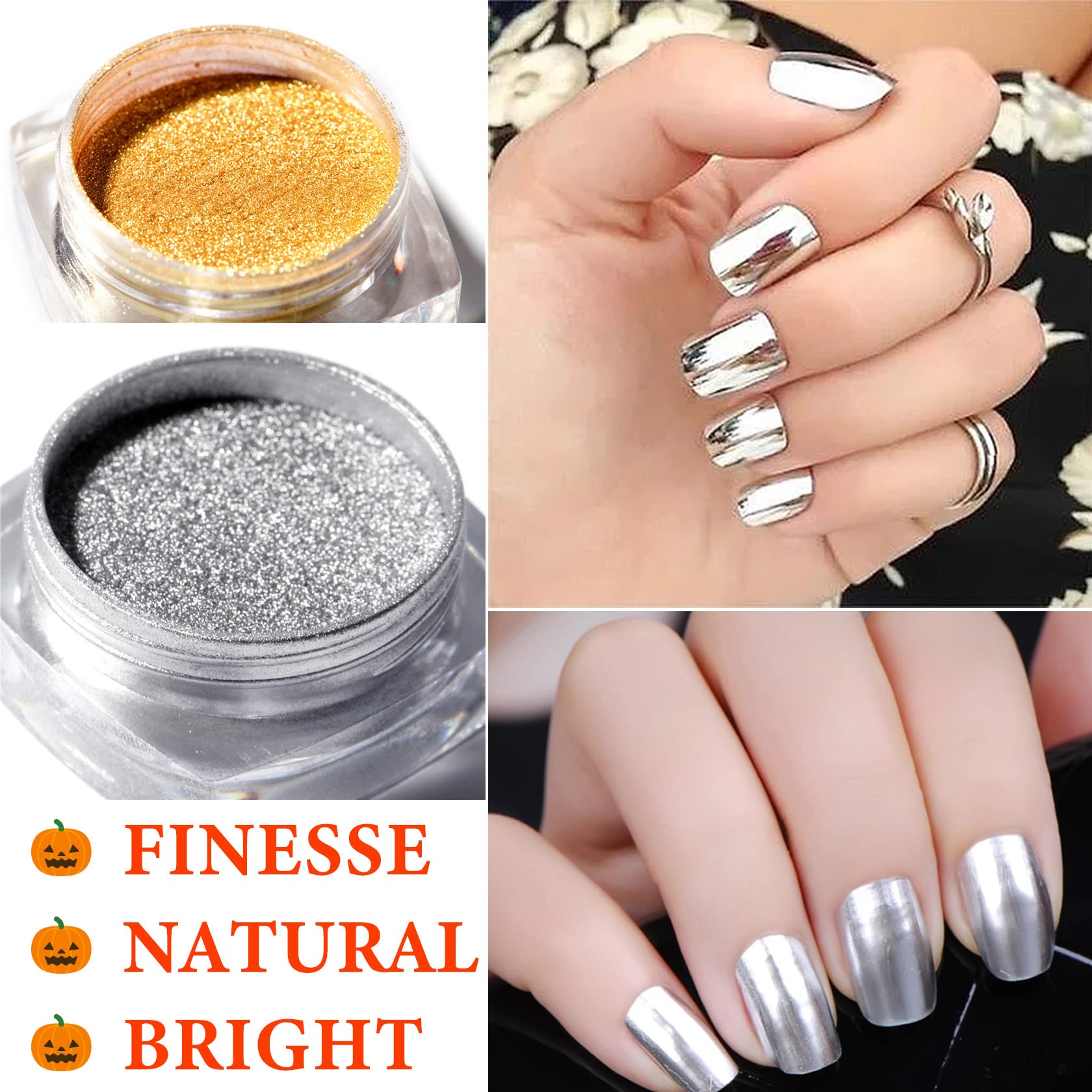2 Colors Gold & Silver Chrome Nail Powder - Holographic Metallic Nail Art Powder with Mirror Glitter Effect | Professional Chrome Pigment Dust with Sponge Applicator | Perfect for Nail Salon, DIY Manicure & Home Nail Art Designs