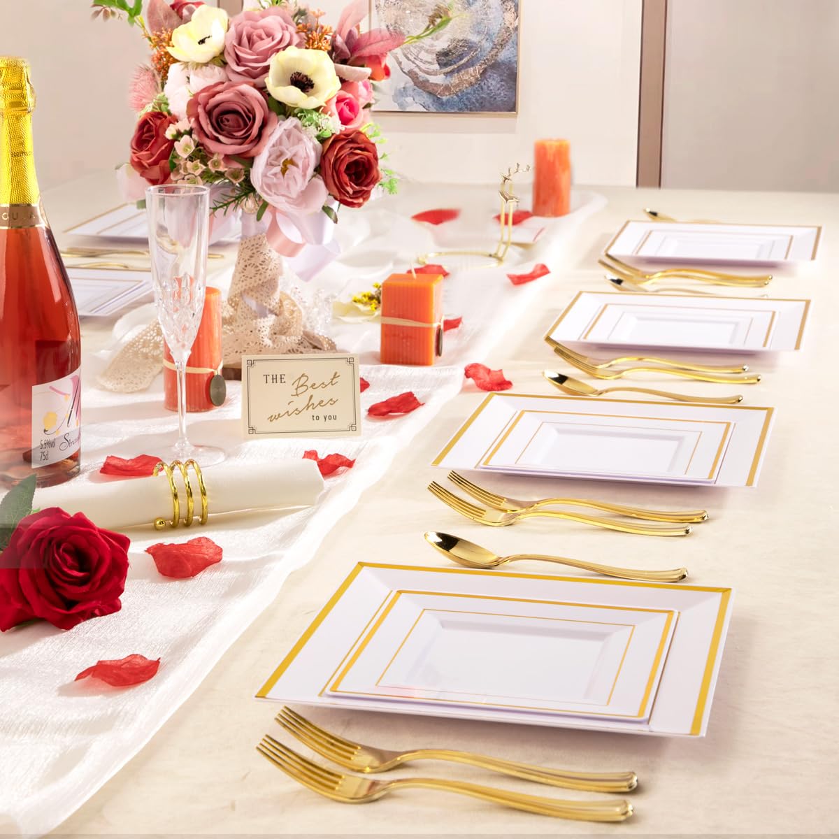 125-Piece Gold Plastic Dinnerware Set - 25 Gold Rimmed Dinner Plates, 25 Salad Plates, 25 Forks, 25 Knives & 25 Spoons - Elegant Disposable Tableware for Parties, Weddings & Events