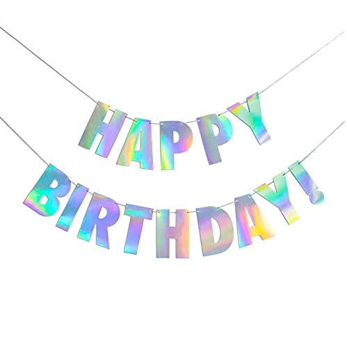 Pre-Strung Holographic Happy Birthday Banner - Iridescent White Party Decor - No DIY Hanging Bunting Garland for Birthday Parties, Baby Showers & Celebrations