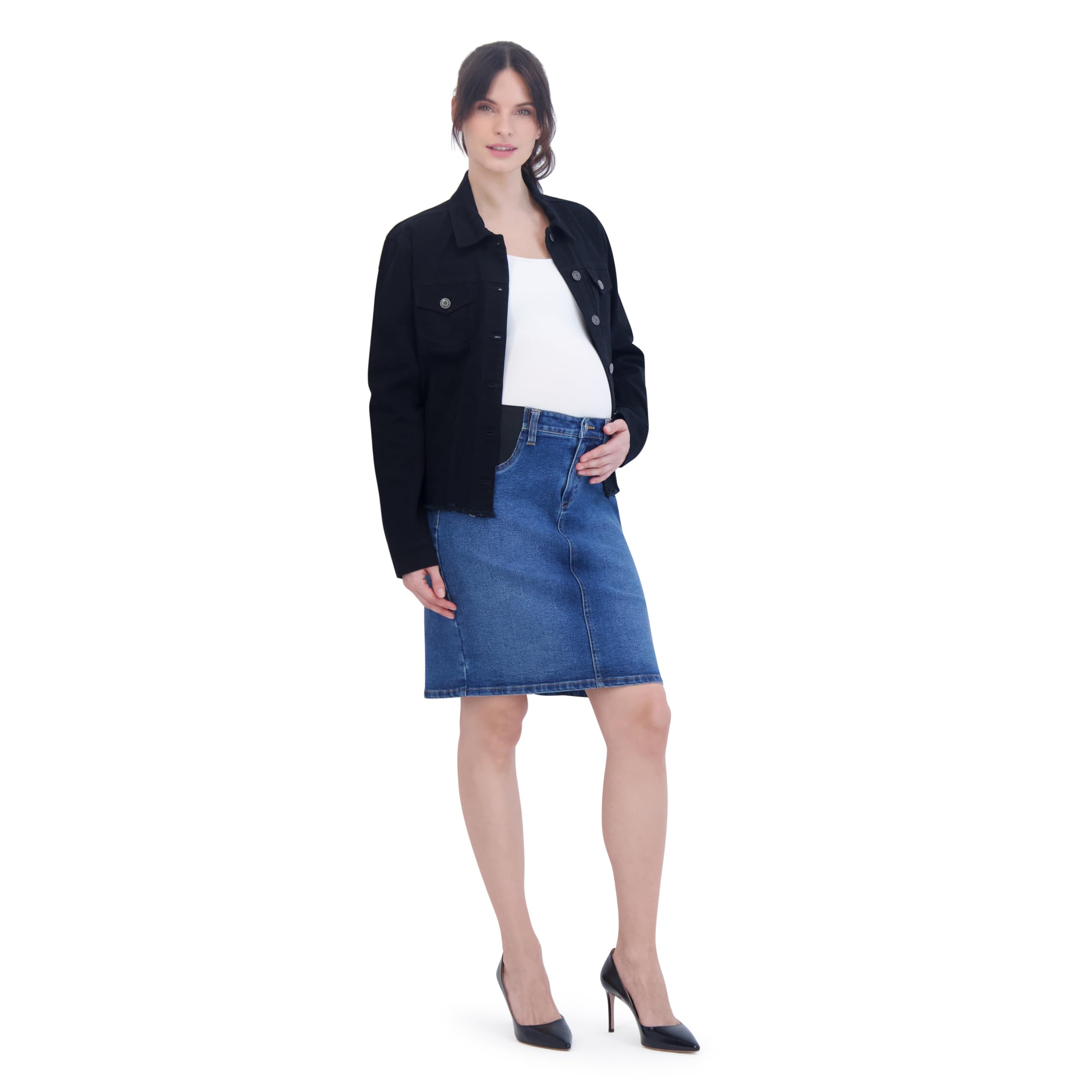 Savi Parker Denim Maternity Pencil Skirt with Pockets - Stretchy Comfortable Women's Pregnancy Jean Skirt for Work & Casual Wear