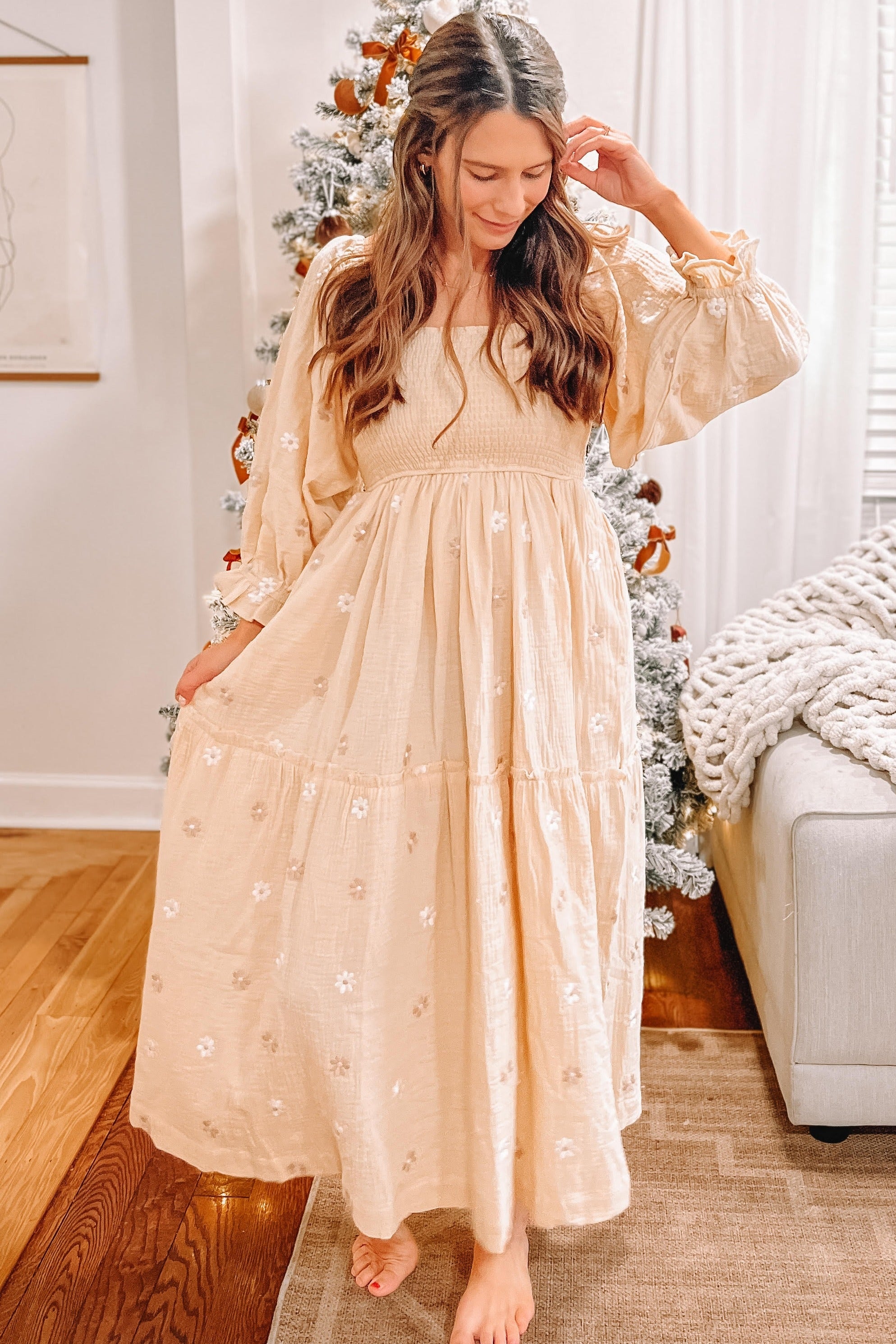 Beige Gauze Embroidery Smocking Tiered Gradient Dress for Women - Boho Summer Maxi Dress with Floral Embroidery - Perfect for Beach Vacations, Music Festivals and Date Nights