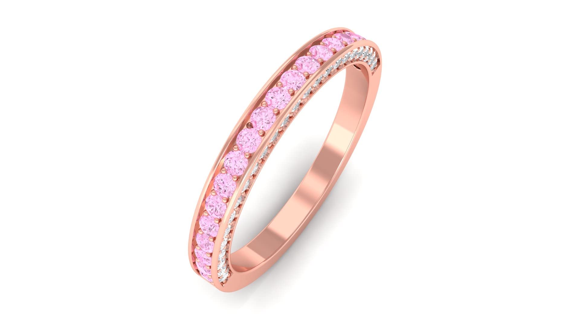 Exquisite 14K Solid Gold Pink Sapphire & Diamond Semi Eternity Ring for Women | Elegant Half Eternity Band | Perfect for Anniversaries, Engagements & Special Occasions