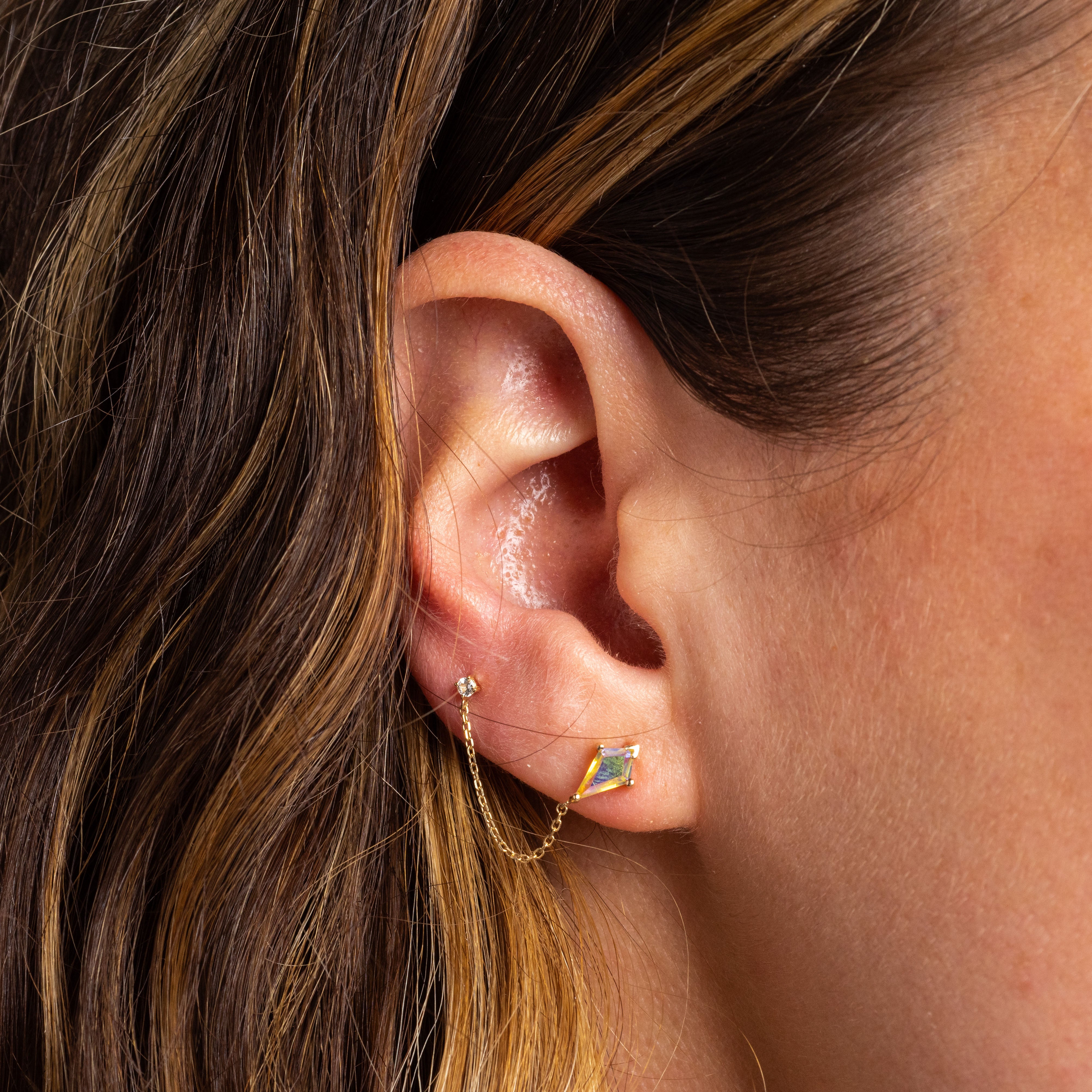 Solid Gold Double Piercing Angel Aura Quartz Kite Earrings for Positivity & Energy - Elegant Dainty Jewelry for Women, Gift for Her, Boho Chic Style, Perfect for Everyday Wear, Special Occasions & Spiritual Healing