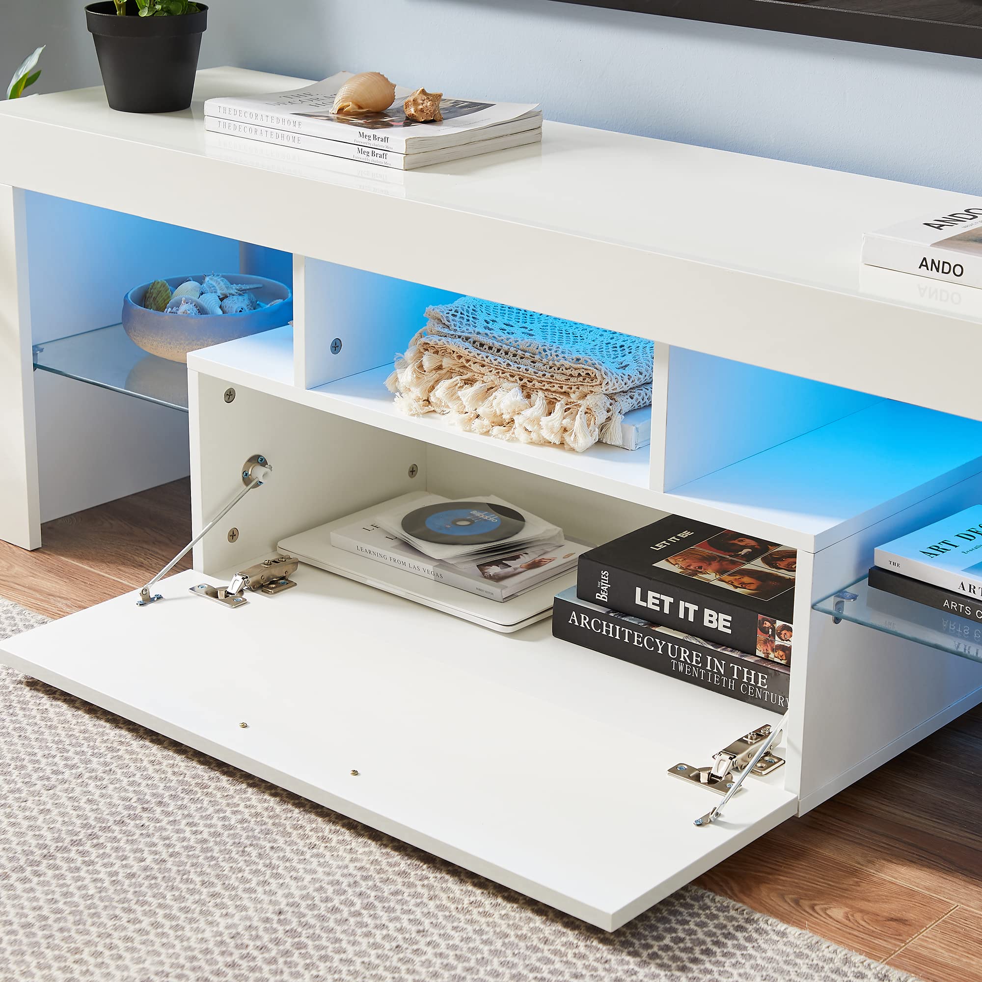 Modern White High Gloss TV Stand with LED Lights for 55+ Inch TVs - Entertainment Center for Living Room & Bedroom - Sturdy TV Cabinet for Home Theater & Gaming Setup (White)