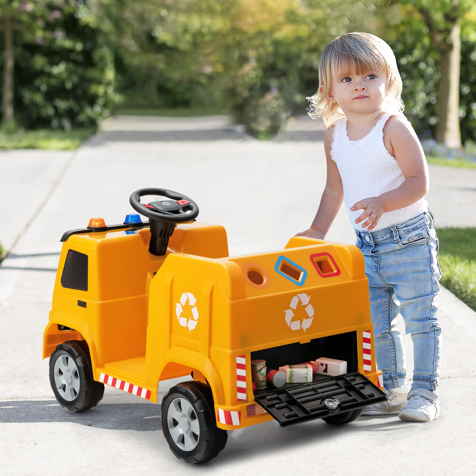 OLAKIDS 6V Electric Ride-On Garbage Truck Toy for Kids - Battery Powered Recycling Truck with Music, Horn & Warning Lights - Includes Recycling Accessories - Yellow Toddler Toy for Boys & Girls - Perfect for Pretend Play, Outdoor Fun & Learning About Recycling
