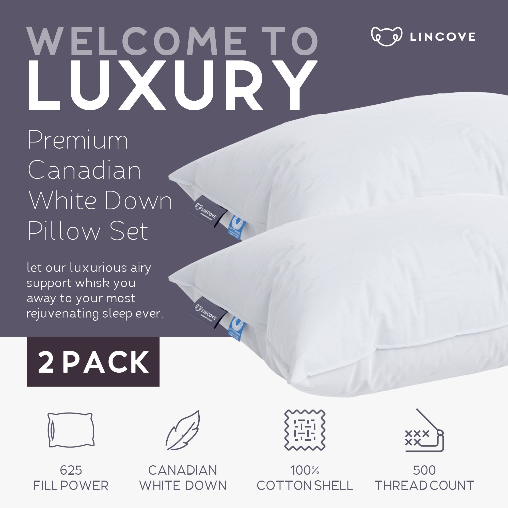Premium Canadian White Goose Down Pillow - 625 Fill Power, 100% Cotton 500TC Shell, King Size Soft Luxury Bed Pillows (2 Pack) | Hypoallergenic & Breathable for Side Sleepers, Back Sleepers & Hotel-Style Comfort