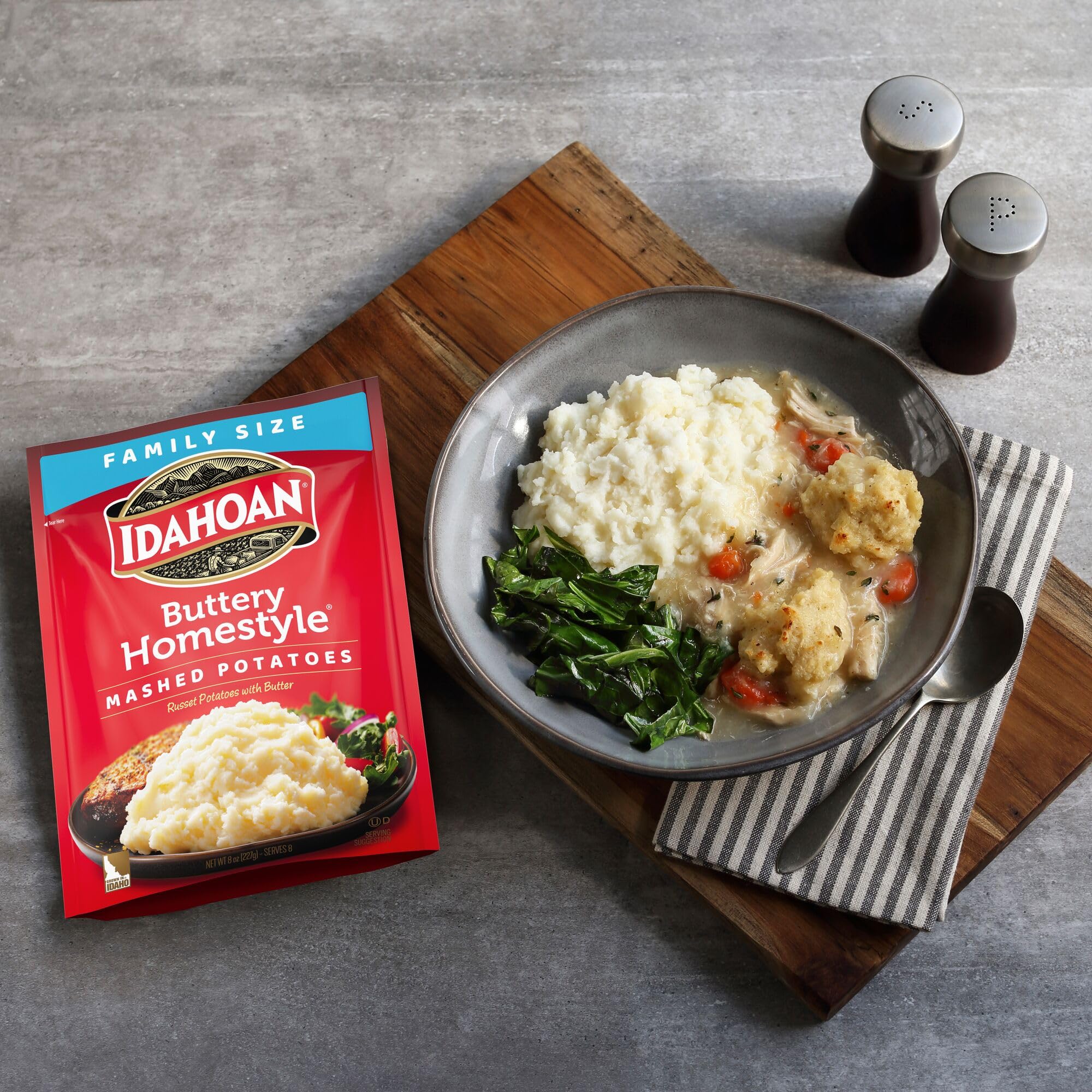 Idahoan Buttery Homestyle Mashed Potatoes, Family Size 8oz (Pack of 8) - Quick & Easy Side Dish for Thanksgiving, Weeknight Dinners & Potlucks
