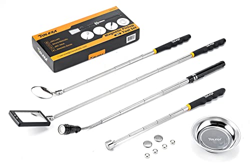 TOLEA 5-Piece Magnetic Pickup Tool Set - Extendable Telescoping Design with Extra Long Reach, Stainless Steel Magnetic Tray, LED Flashlight & Inspection Mirror - Perfect for Mechanics, DIY Enthusiasts & Handymen - Ideal for Dropped Screws, Auto Repair & Home Maintenance