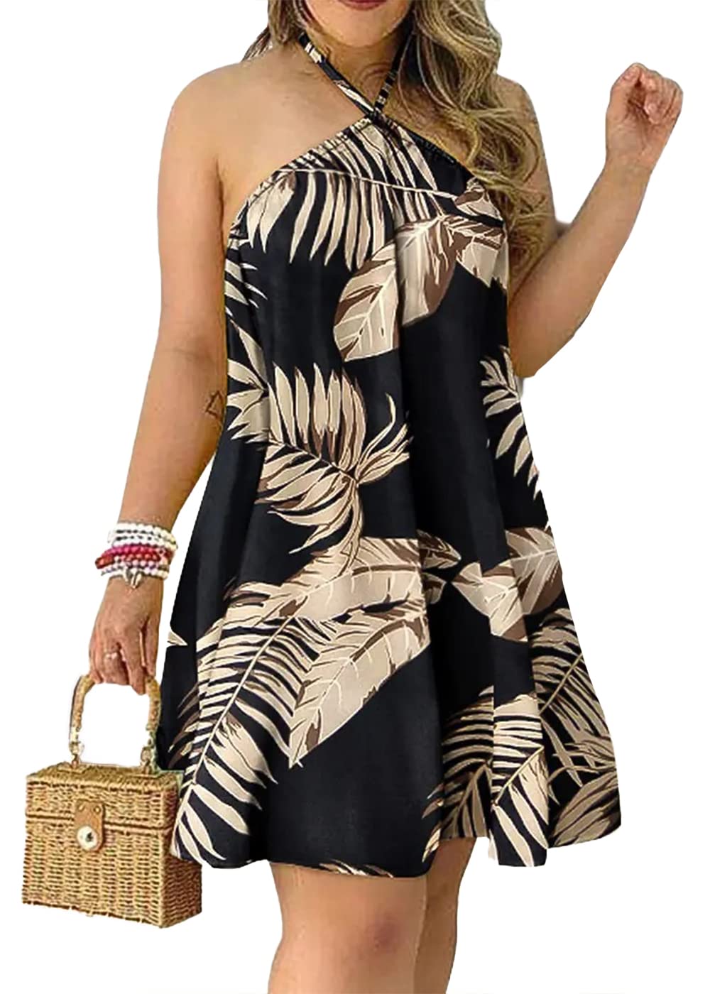 Women's Summer Halter Sleeveless Dress - Floral Graphic Print Beach Midi Dress - Casual Loose Fit for Vacation, Pool Party & Outdoor Date Night