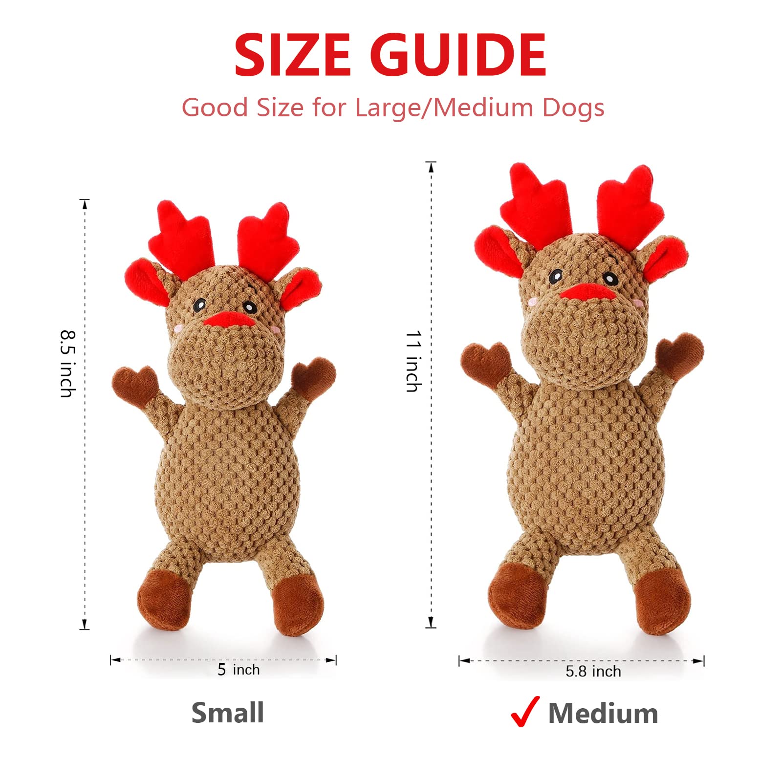 Senneny Christmas Dog Toys - Reindeer Stuffed Squeaky Plush Chew Toys for Large & Medium Dogs | Interactive Durable Puppy Toy for Playtime & Holiday Gifts