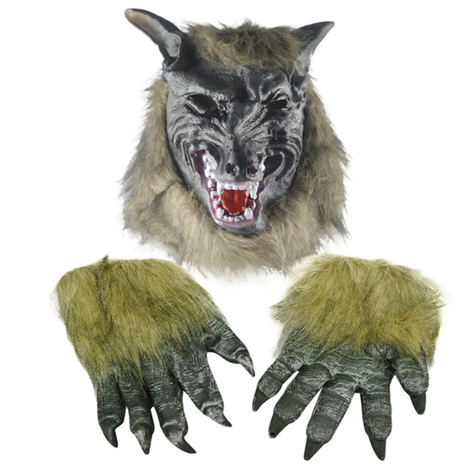Realistic Werewolf Mask Set with Claws Gloves - Halloween Wolf Costume for Adults & Kids - Gray Wolf Head Mask for Cosplay, Halloween Parties & Scary Costume Events