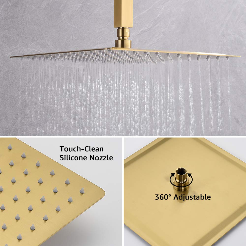 Brushed Gold Rain Shower System with Waterfall Tub Spout - 3 Function Shower Faucet Set Includes 12 Inch Shower Head & Handheld - Brushed Brass Shower Trim Kit (Valve Included) - Perfect for Modern Bathroom & Spa Experience