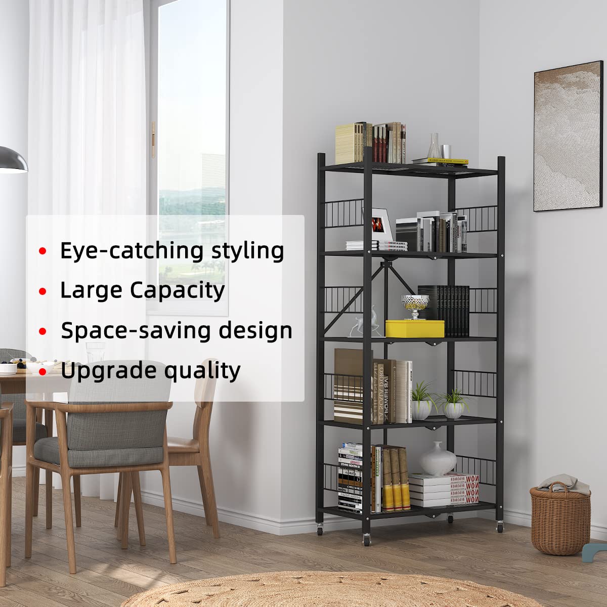 5-Tier Metal Folding Storage Shelves with Wheels - Heavy Duty Collapsible Shelving Unit, No Assembly Rolling Shelf for Garage, Kitchen, Pantry, Laundry Room & Closet Organization