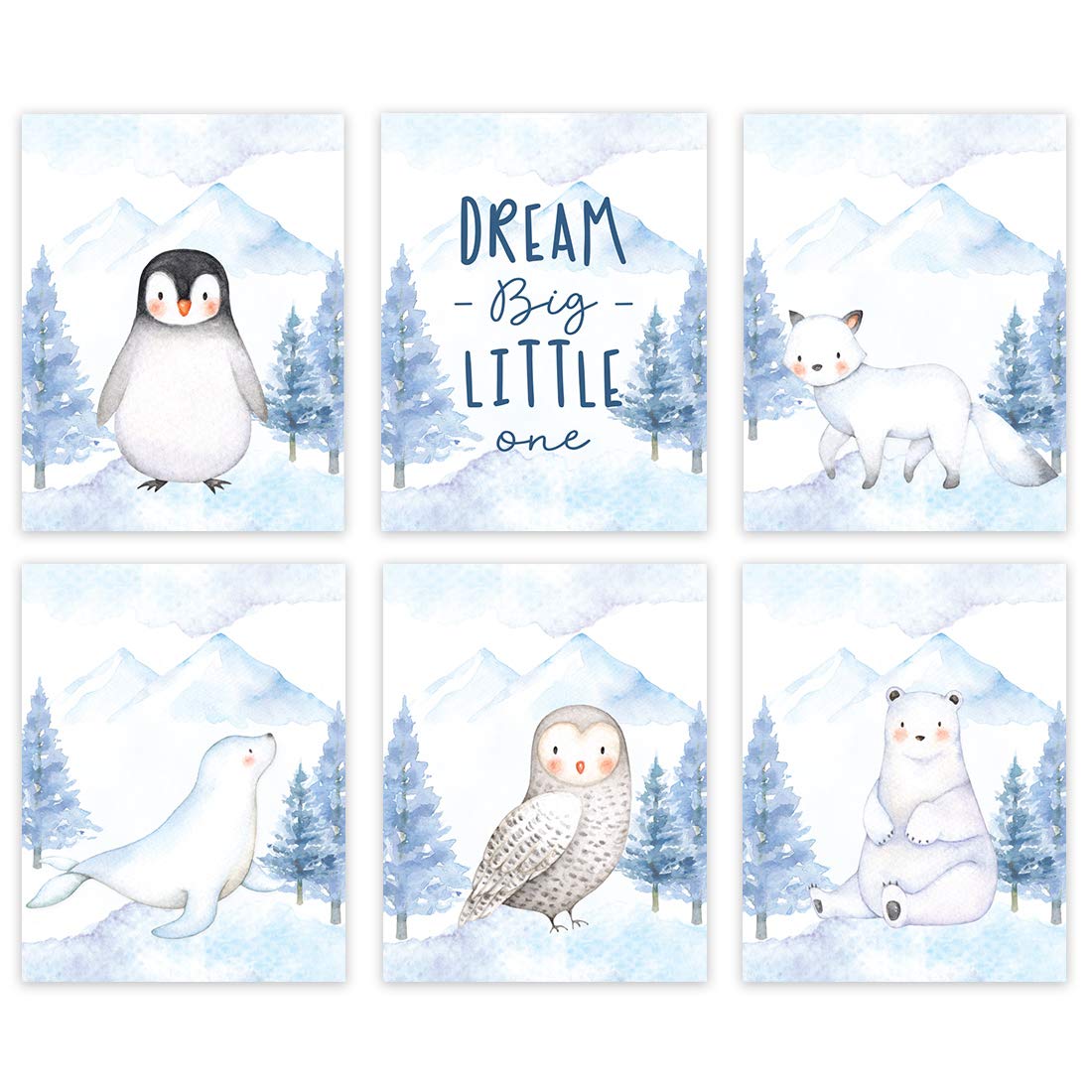 Winter Wonderland Arctic Animals Nursery Wall Art - 6-Pack Unframed 8.5x11 Inch Posters with Penguins & Owls - Dream Big Little One You Are So Loved - Perfect for Baby Room Decor, Kids Bedroom & Gift Ideas