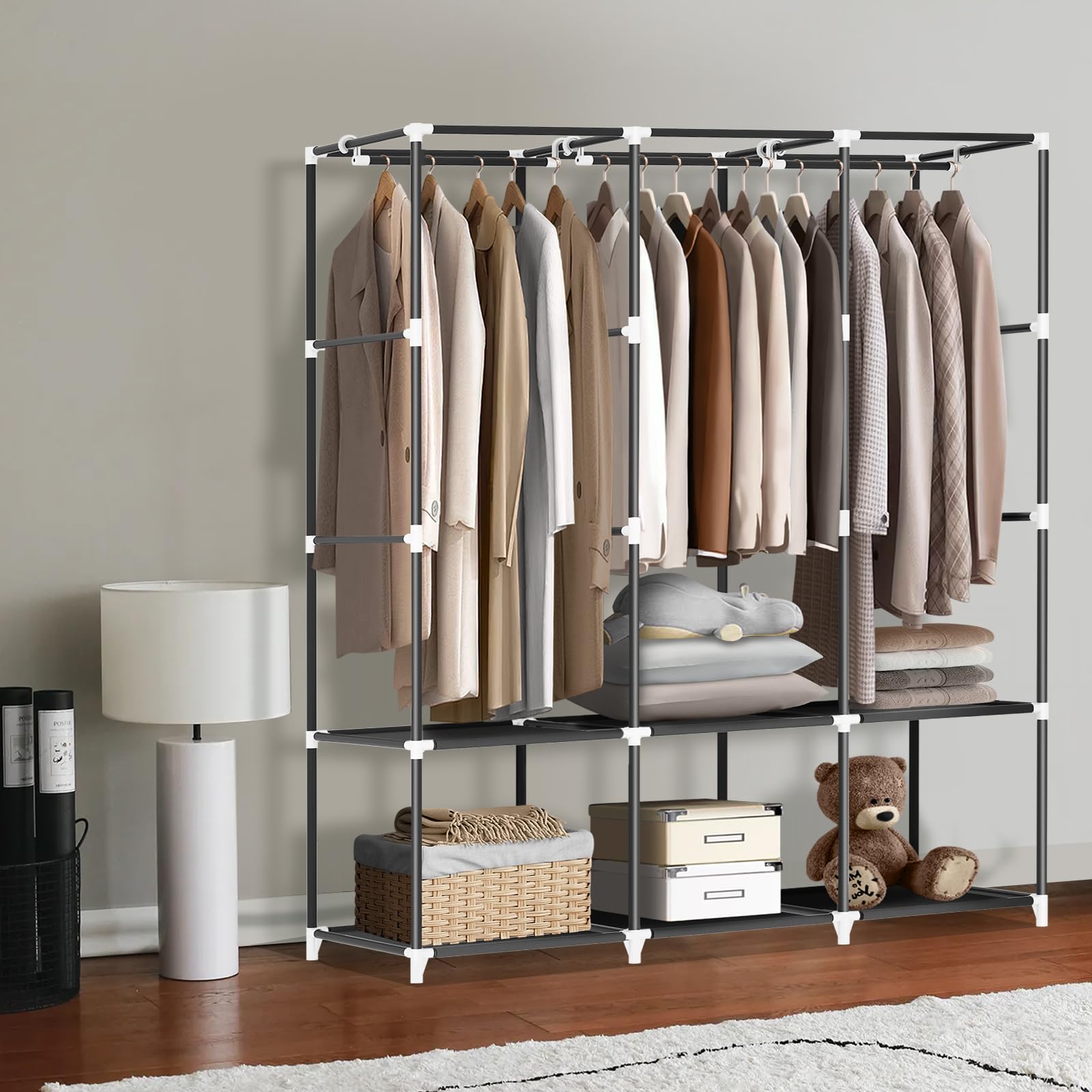 LOKEME Portable Closet Organizer - 3-Tier Hanging Rods, 6 Storage Shelves & 4 Side Pockets - Easy Assembly Black Wardrobe for Clothes Storage | Perfect for Small Spaces, Dorm Rooms, Camping & Temporary Closet Solutions