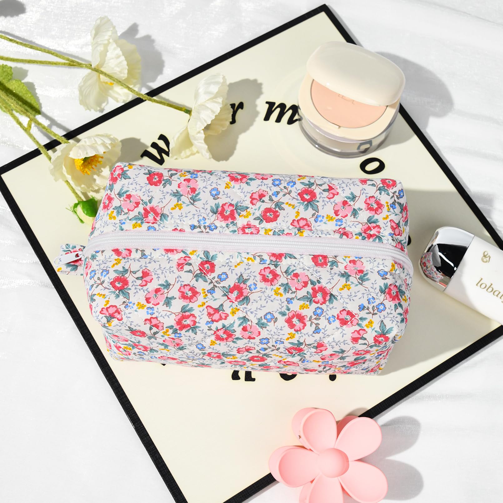 Floral Quilted Cosmetic Bag for Women - Puffy Coquette Makeup Pouch with Aesthetic Design, Cute Travel Toiletry Organizer & Cotton Makeup Brushes Storage Bag - Perfect for Travel, Gym, and Daily Beauty Essentials