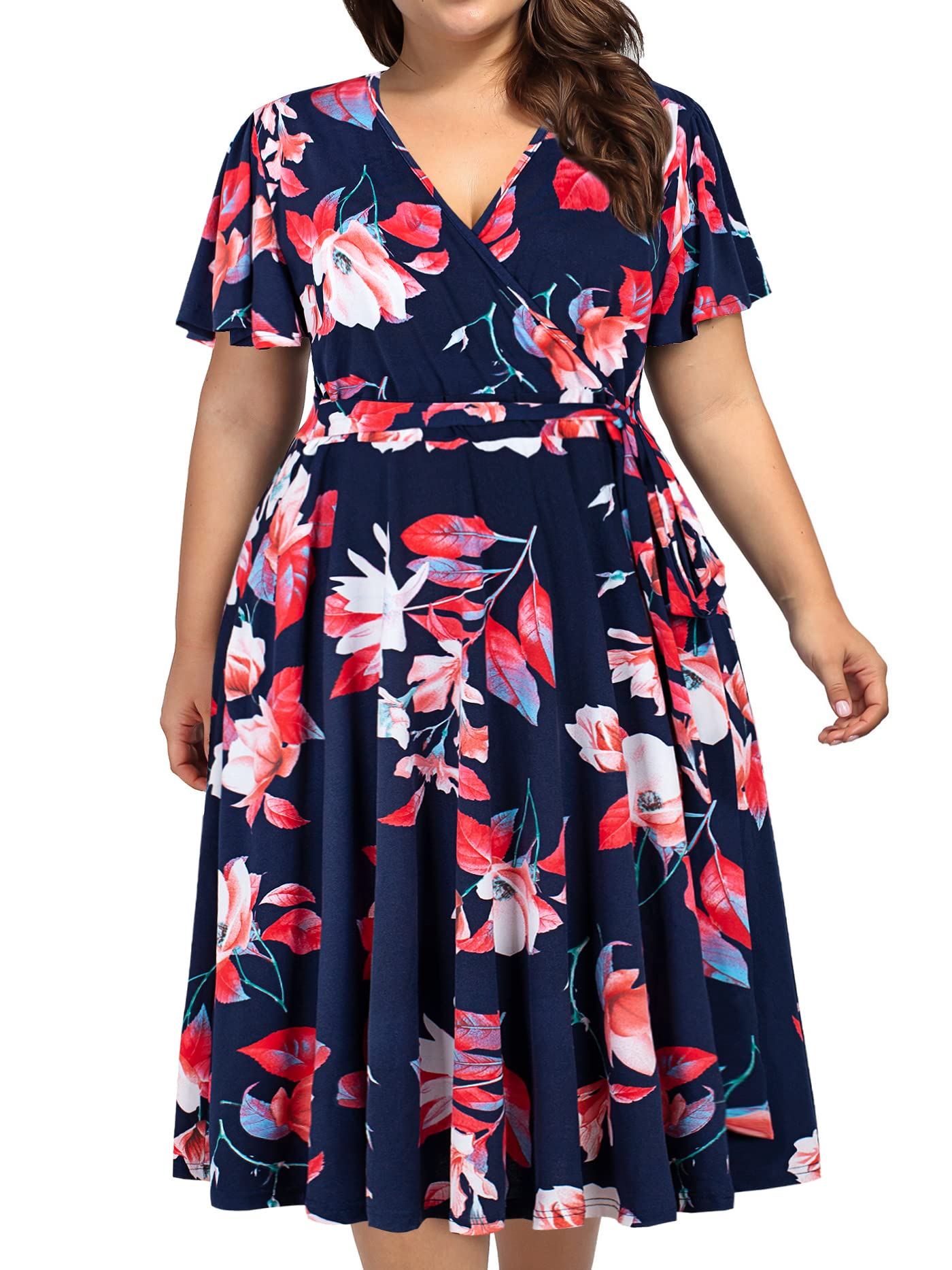 Kissmay Plus Size Women's V-Neck Floral Print Cocktail Party Midi Dress with Pockets - Elegant Formal Occasion & Wedding Guest Outfit