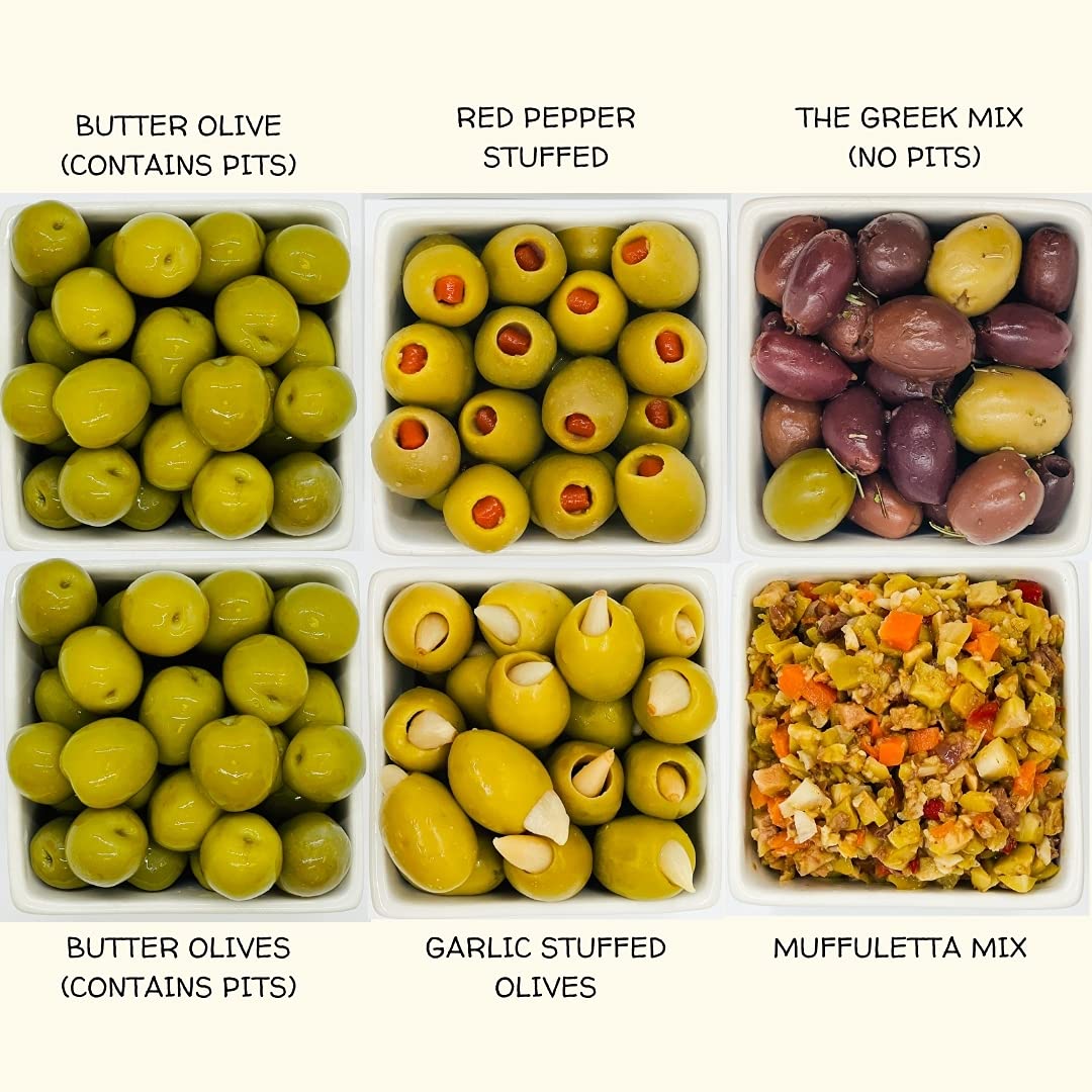 Live Culture Probiotic Mixed Olives 6-Pack - Butter Green Pitted Olives, Red Pepper & Garlic Stuffed Olives, Greek Olive Mix & Muffuletta Salad | Gut-Healthy Snack for Charcuterie Boards, Salads & Mediterranean Dishes