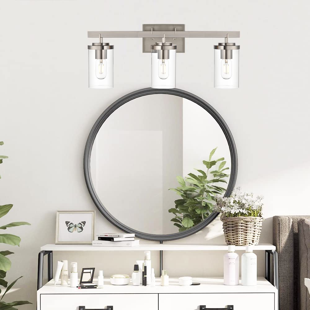 BONLICHT Modern 3-Light Vanity Wall Sconce - Brushed Nickel Finish with Clear Glass Shade, Industrial Bathroom Lighting Fixture for Mirror, Kitchen, Hallway, Foyer & Dressing Table - Perfect for Home Decor and Interior Lighting Upgrade