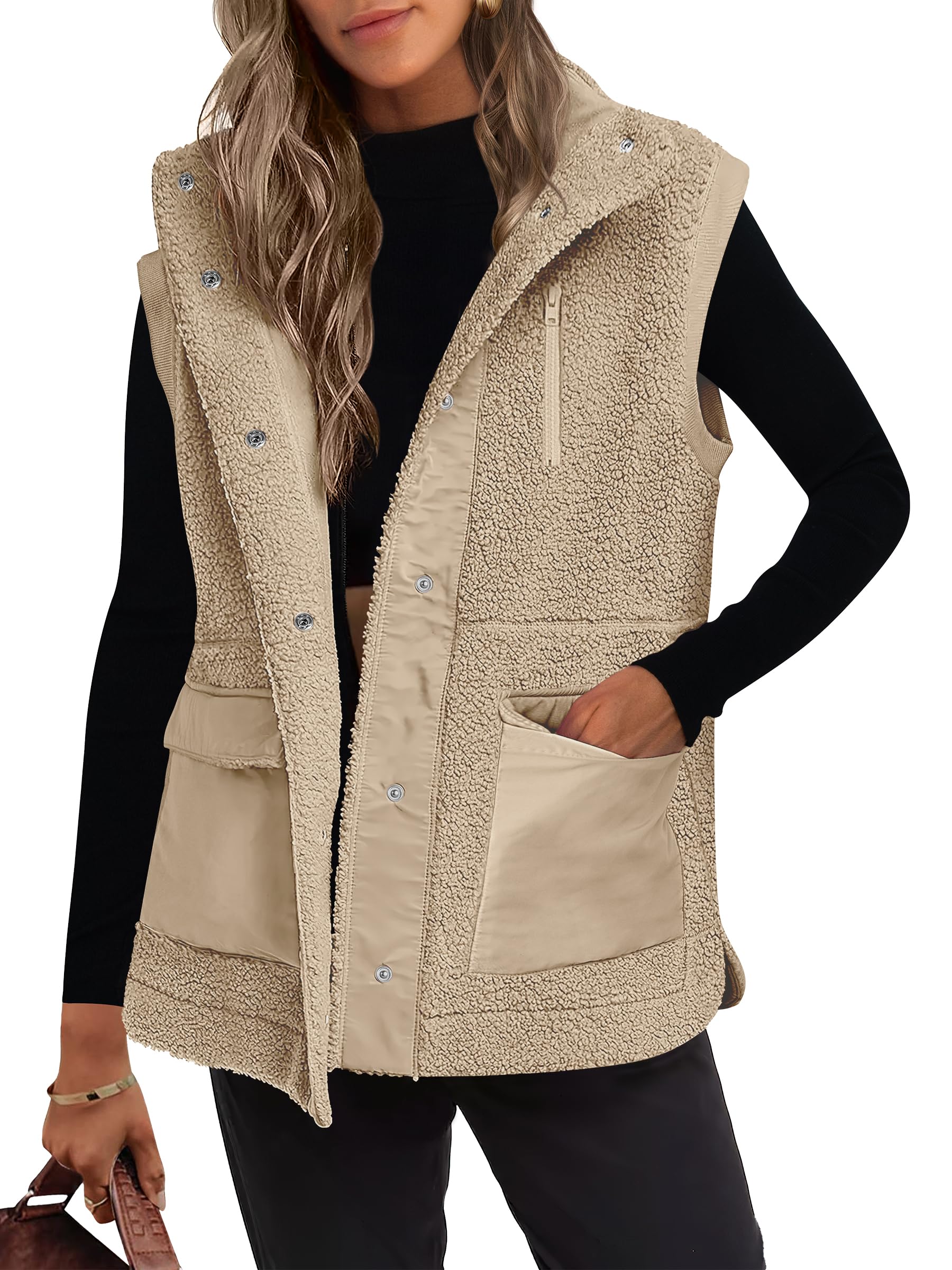 ANRABESS Women's Sherpa Fleece Vest - Sleeveless Button Down Jacket with Pockets | Warm Winter Outerwear for Casual Wear & Outdoor Activities