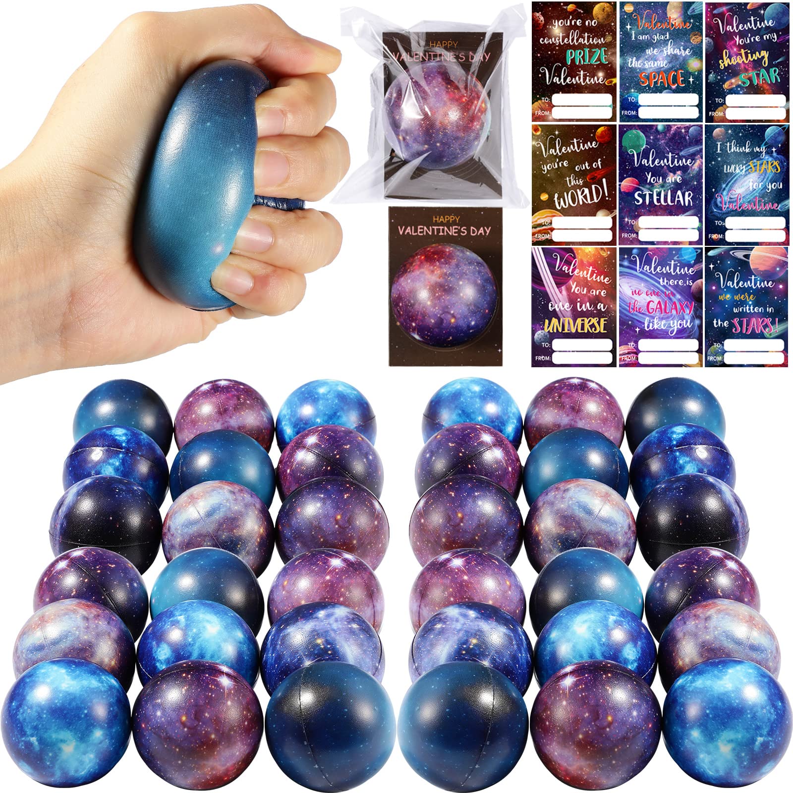 36 Pack Galaxy Stress Balls with Valentine's Day Cards - Space Themed Classroom Exchange Gifts for Kids, Teachers & Coworkers - Perfect for Valentine's Parties, School Events & Office Celebrations